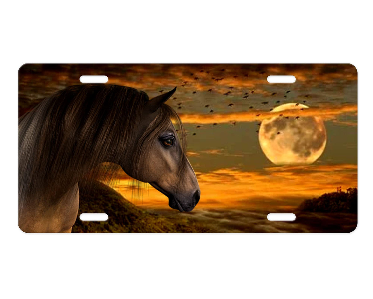 Farm Country Vanity Aluminum Front License Plate (Horse and Full Moon)