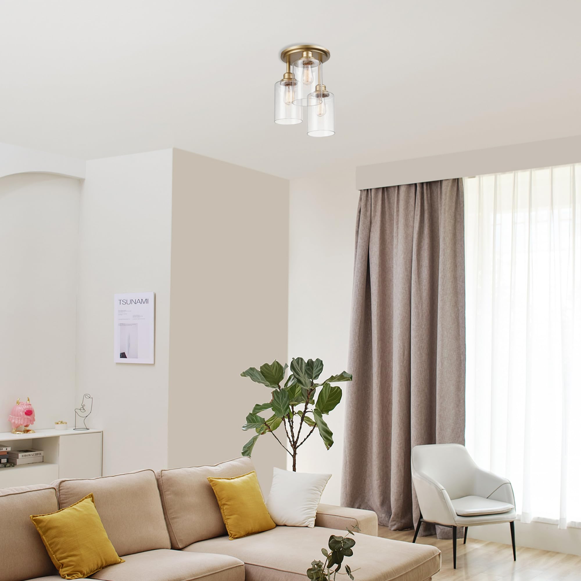 Globe Electric 65457 3-Light Flush Mount Ceiling Light, Matte Gold, Clear Glass Shades, Ceiling Light Fixture, Light Fixtures Ce