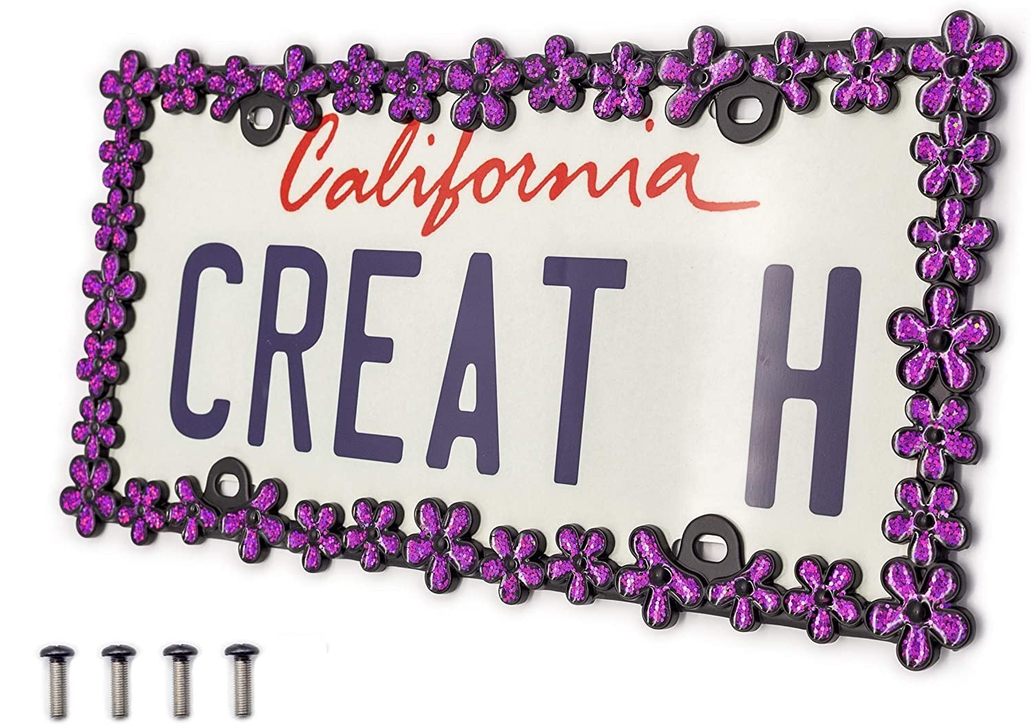 Creathome 3D Shining Daisy Wrenth License Plate Frame From Pure Zinc Alloy Metal Perfect Plate Holder,Matt Black With Purple Gli