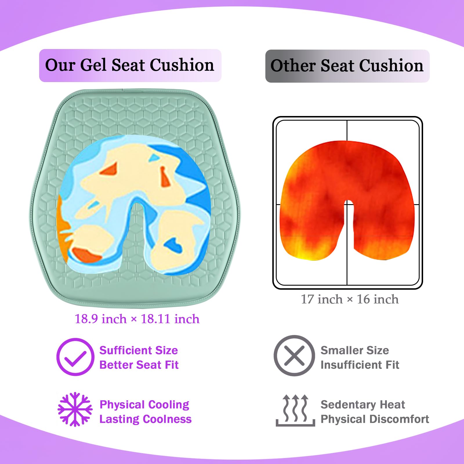 Binsheo Gel Seat Cushion For Car Seat, Office Chair, Wheelchair, Golf Cart - Non-Slip Car Seat Cushions With 1 Inch Gel - Sciati