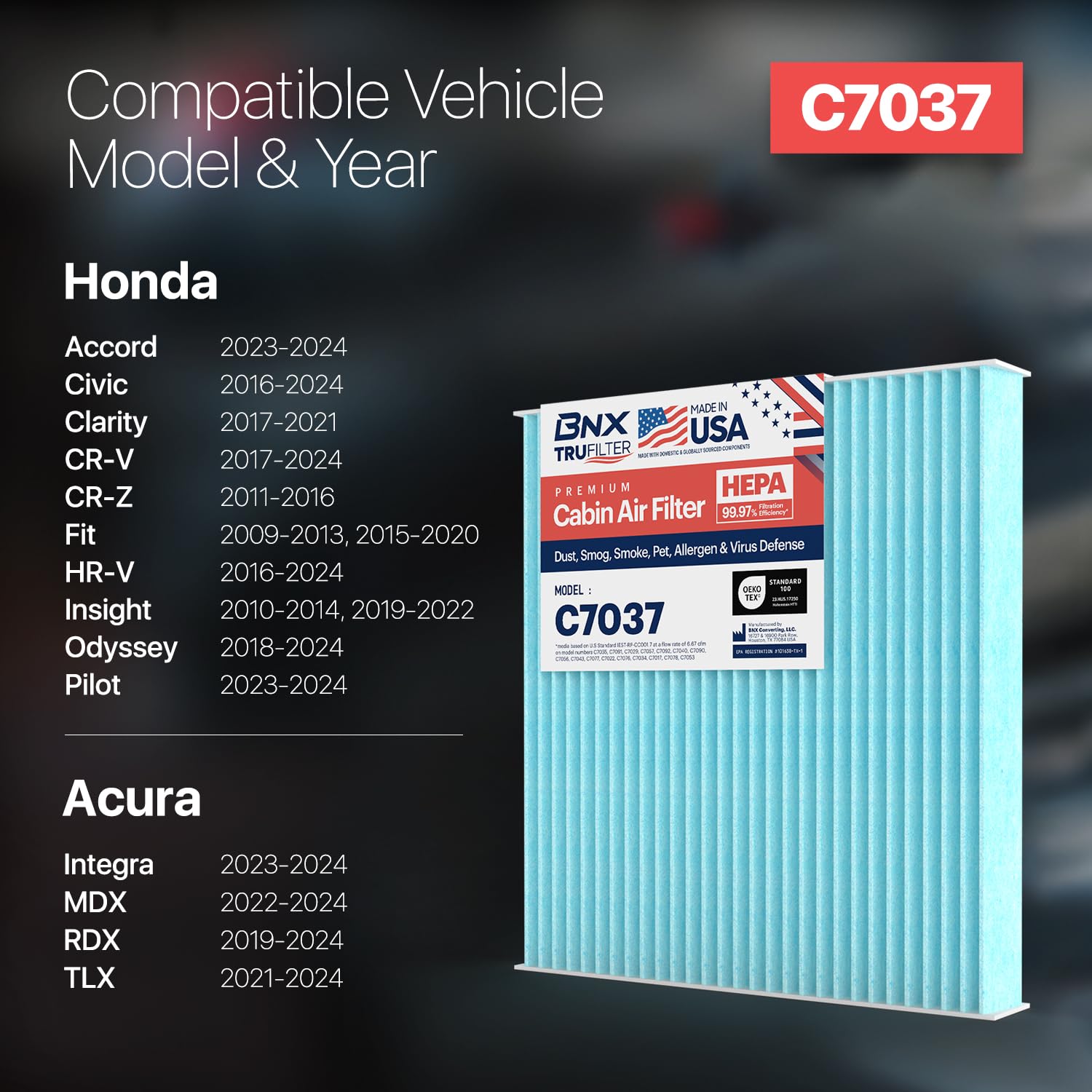 Bnx Trufilter C7037 Cabin Air Filter, Hepa 99.97%, Made In Usa, Compatible With Acura: Rdx; Honda: Accord, Civic, Clarity, Cr-V,