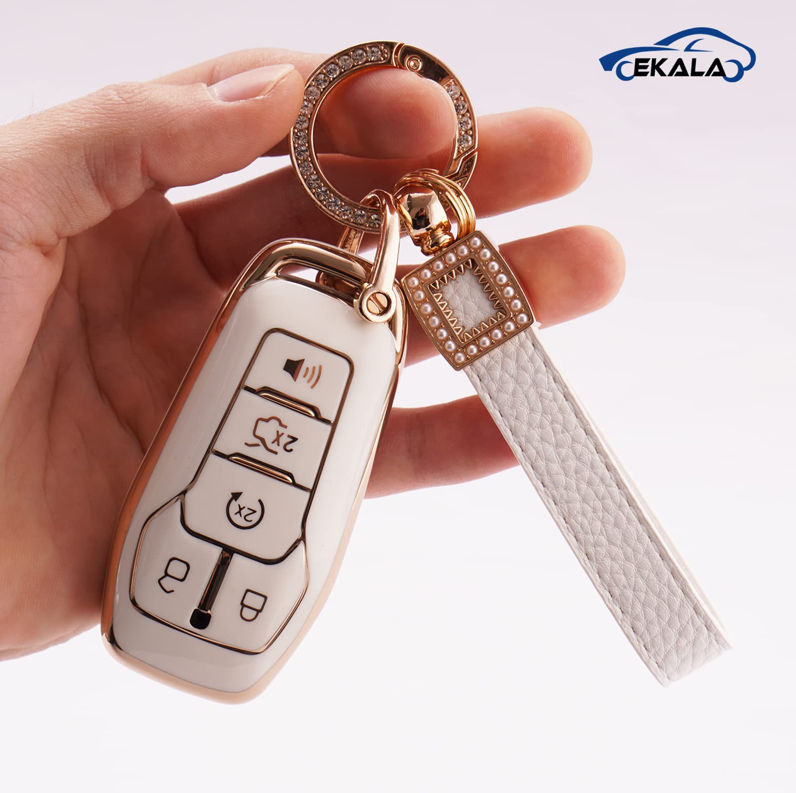 EKALA for Ford Key Fob Cover with Leather Key Fob Keychain, 4 5 Buttons Soft TPU Keys Shells White Key Fob Cover Compatible with
