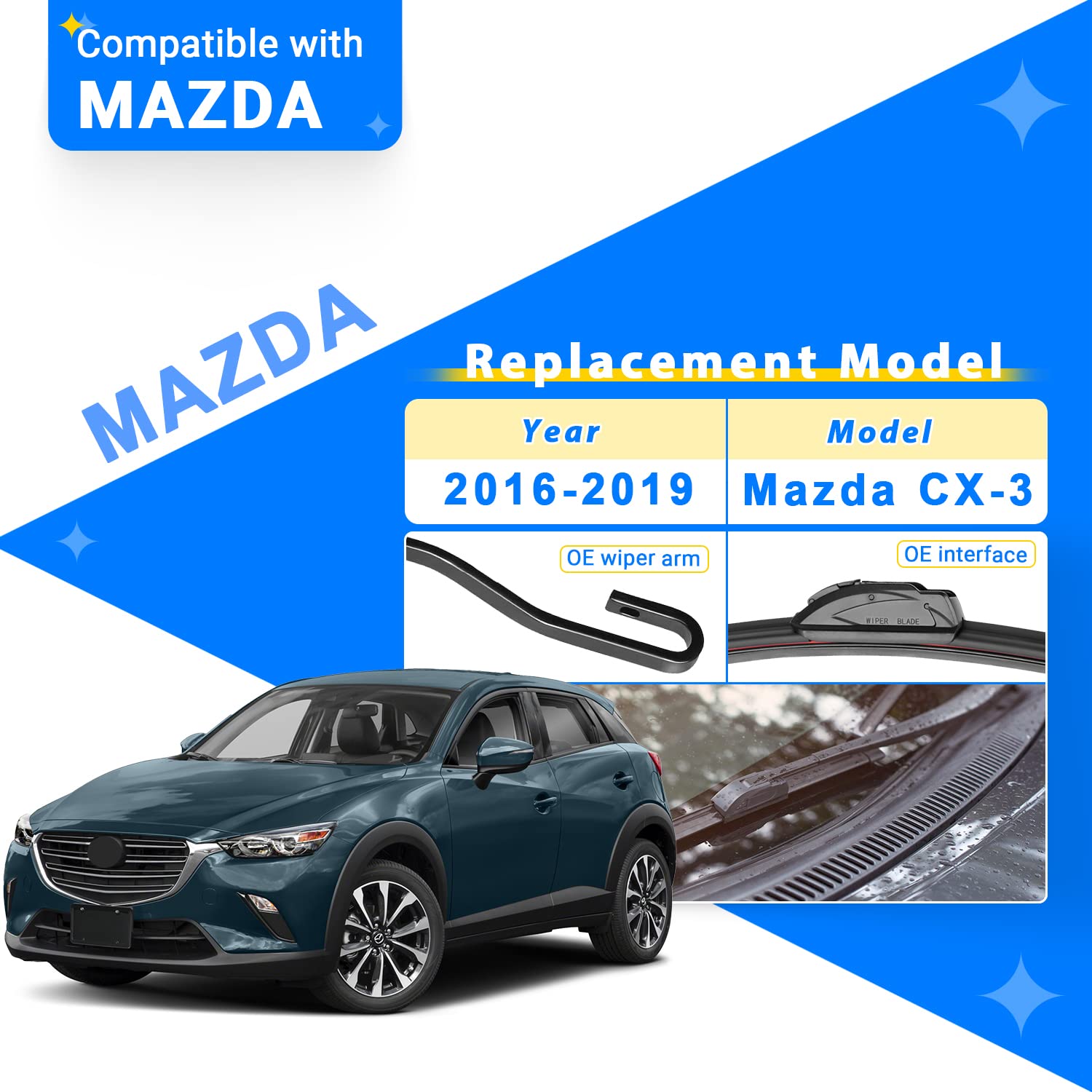 Raintok Windshield Wiper Blades Replacement For Mazda Cx3 Cx-3 2016 2017 2018 2019 Original Factory Quality Front Rear Wipers Bl