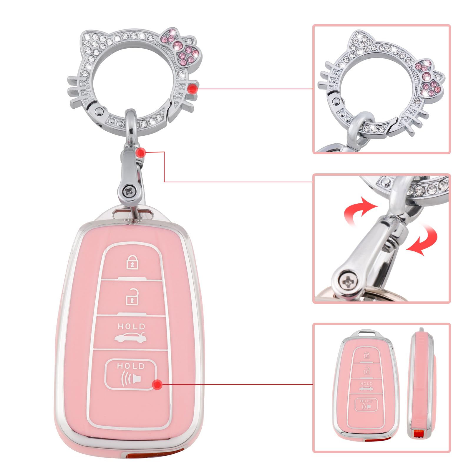 Pangpai Pink Key Fob Cover for Toyota, Soft TPU Key Case Protection with Bling Keychain Fit for 2018-2022 Camry RAV4 Highlander