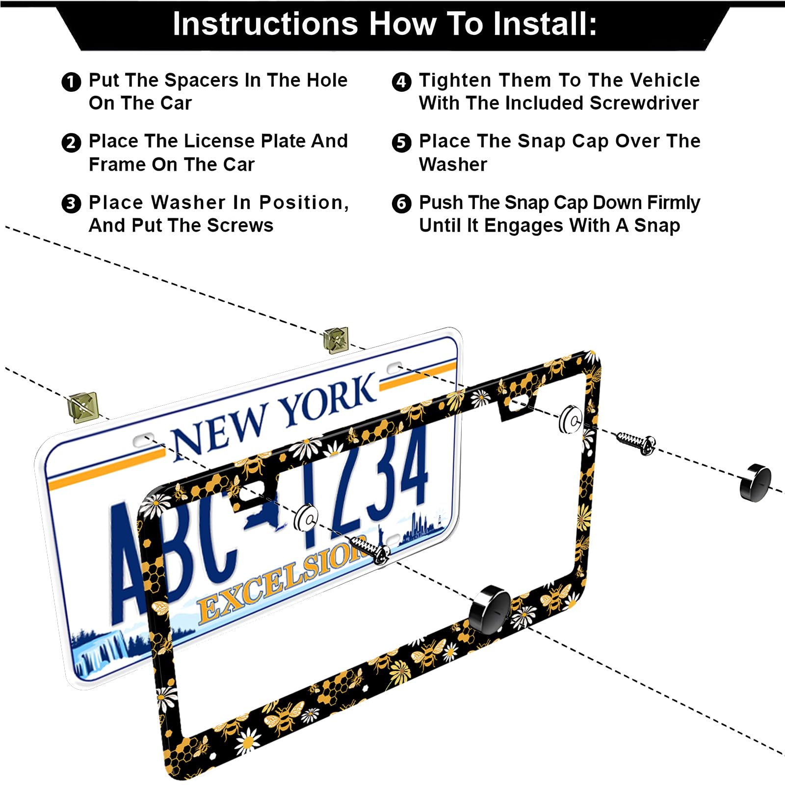 Bee Honeycomb And Flowers License Plate Frames, 2 Pack Bee Honeycomb Flower Car Plate Frame, Stainless Steel License Plate Holde