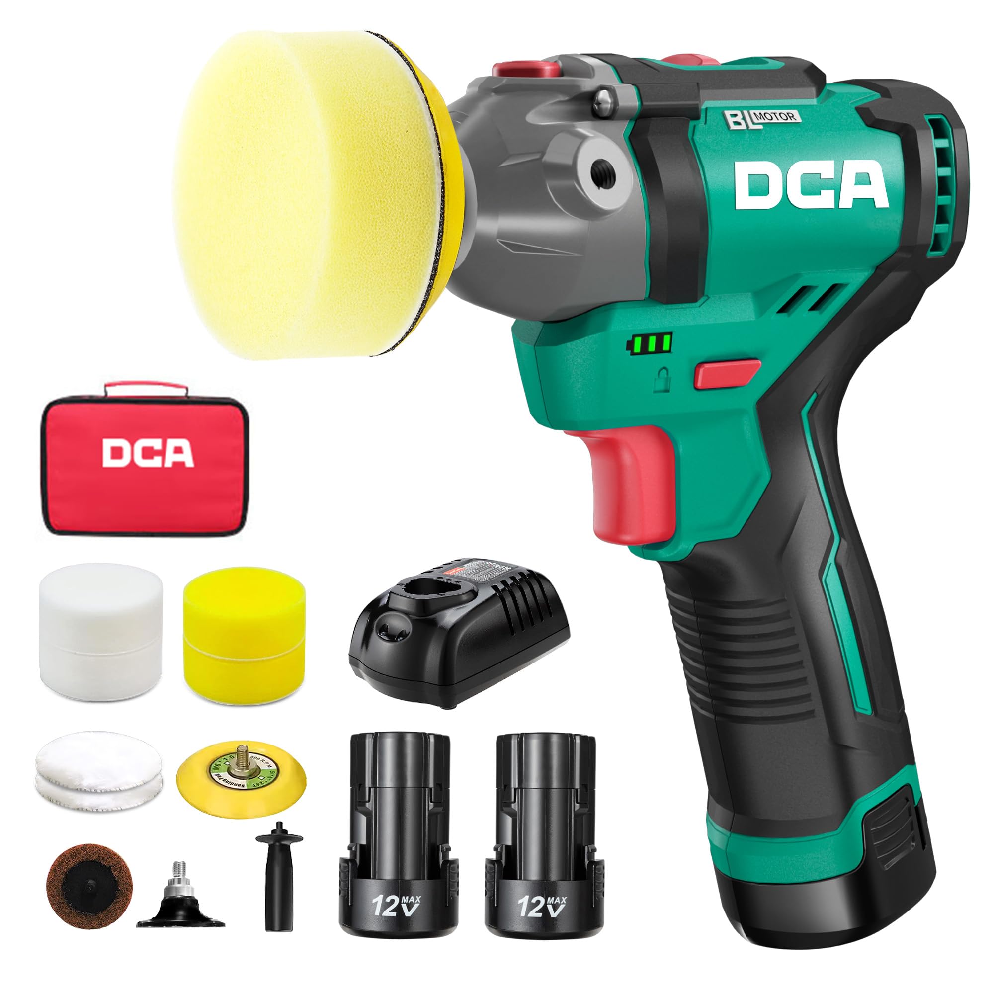 DCA 12V Cordless Buffer Polisher, 3 Brushless Mini Car Polisher & 2 Sander Machine Kit with 2x 2.0Ah Batteries, 2 Variable Speed