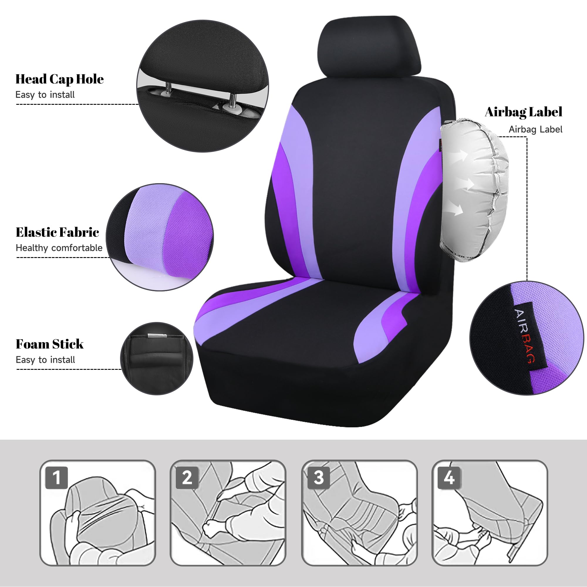 Car Pass Line Rider Sporty Front Seat Covers,Purple Car Seat Covers Two Front Seats Only For Cute Women Girl, Airbag Compatible,