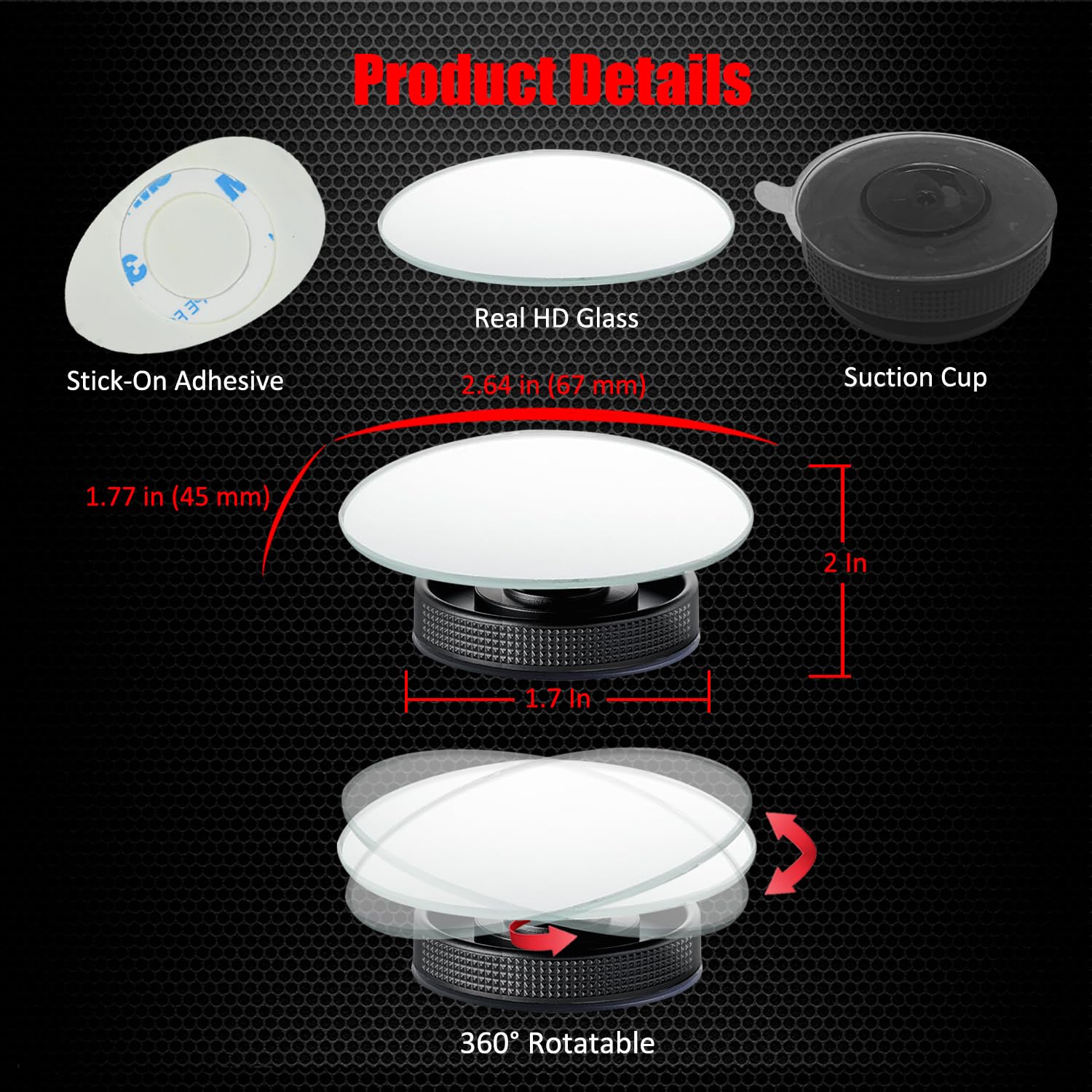 Suction Cup Blind Spot Mirror, Ampper Hd Glass Frameless Removable Convex Wide Angle Rear View Mirror (Oval, Pack Of 2)