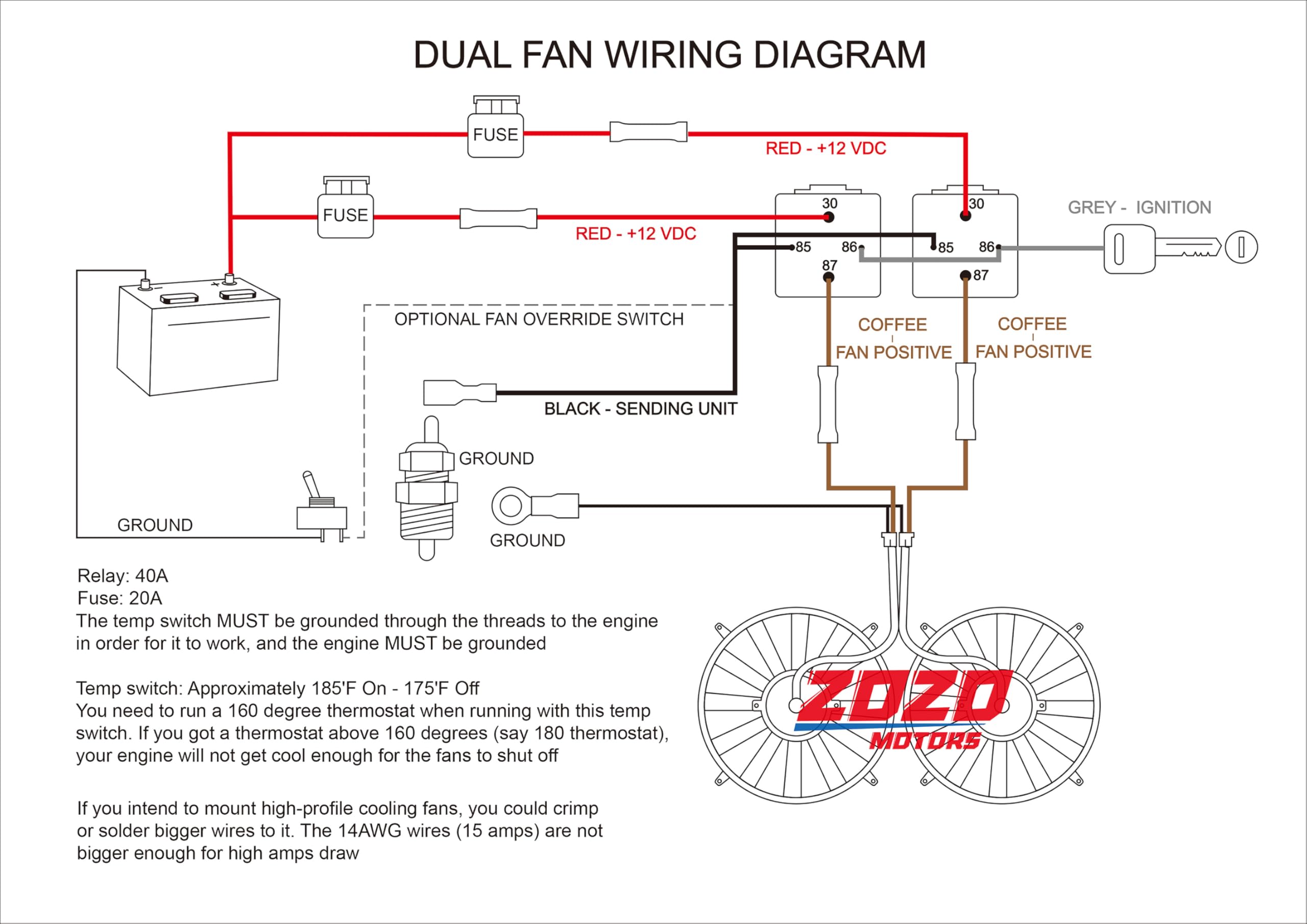ZOZOMOTORS Dual Electric Fan Relay Kit Radiator Electric Fan Thermostat Kit Temperature Sensor Switch 185 On 175 Off, Automotive