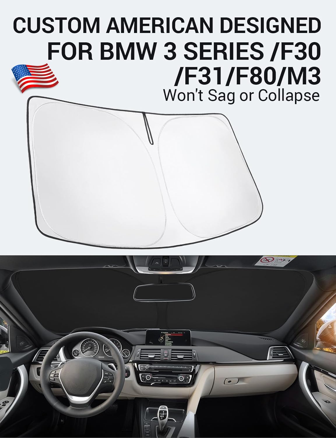 Proadsy 2025 Upgrade Windshield Sun Shade Custom Fit 2013-2018 Bmw 3-Seriess /F30 /F31 /F80 /M3 4-Layer Foldable Front Sunshade