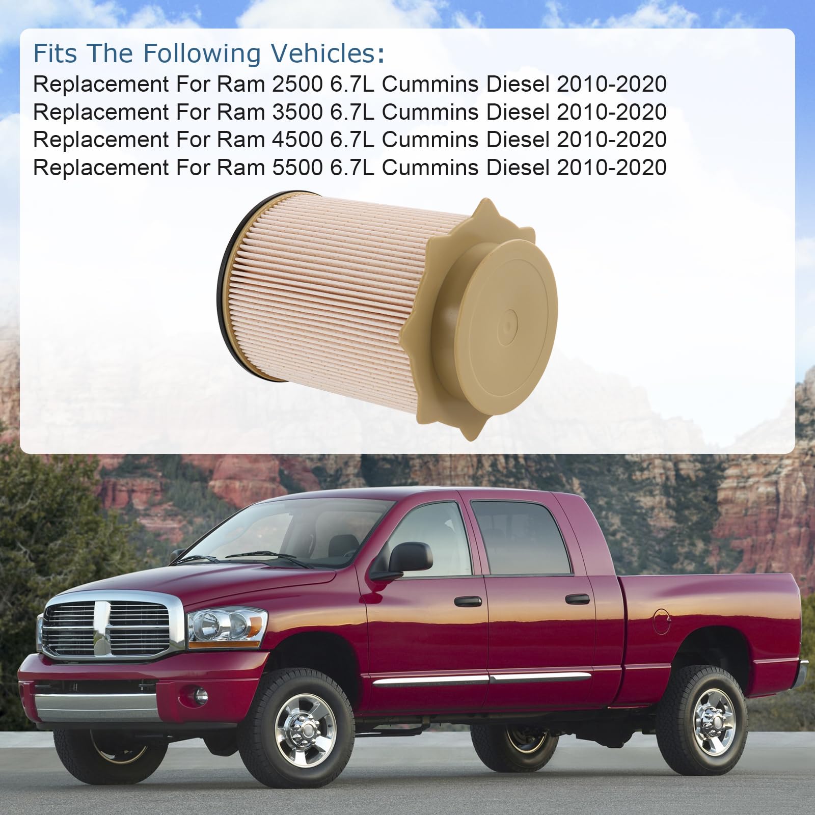 Carmocar Fuel Filter 68157291Aa Replacement For 2010-2017 Dodge Ram 2500, 3500, 4500, 5500 6.7L Cummins Turbo Diesel Engines