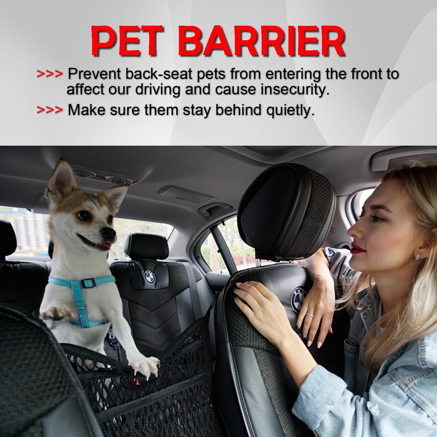 Ameiq Car Accessories, Car Organizer Storage Between Front Seats, Car Purse Holder, Handbag Holder Of 3 Layers Mesh Net Pocket Bag, Backseat Dog Pet Barrier, Patented
