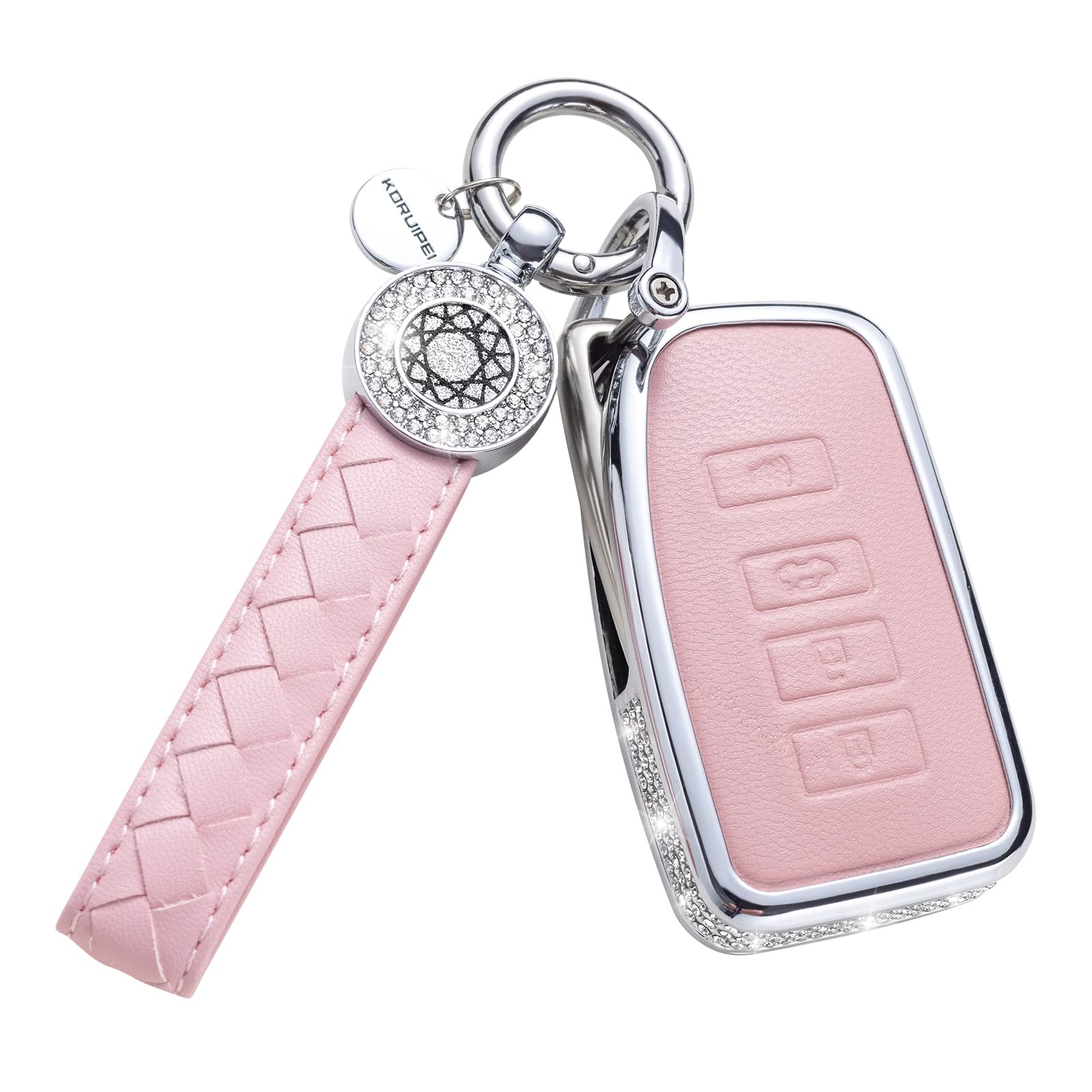 Ruabiban For Lexus Key Fob Cover With Keychain, Pink Genuine Leather Crystal Key Case Protection Shell Compatible With Lexus Rx