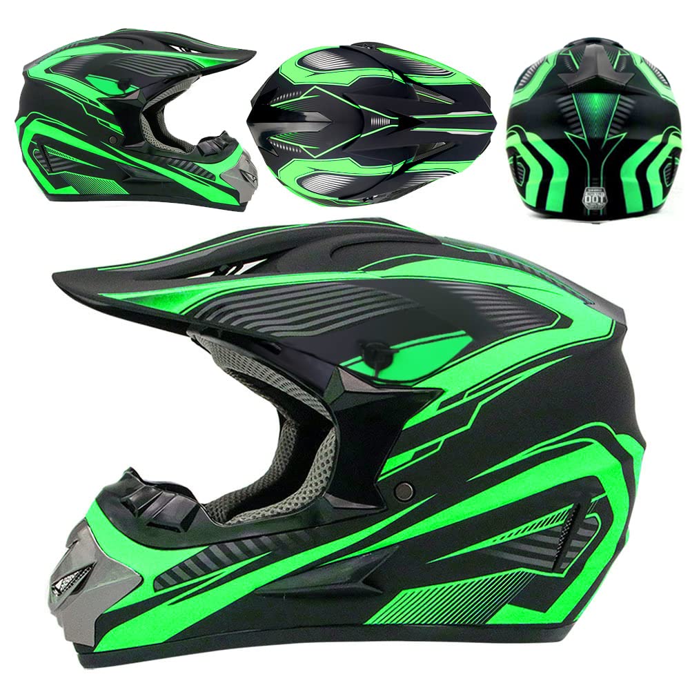 Motocross Helmet,Adult &Youth Trend Full Face Helmet,Atv Motorcycle Helmet,Dirt Bike Downhill Off-Road Mountain Bike Helmet,Dot Certified,4-Piece Set (Green, L)