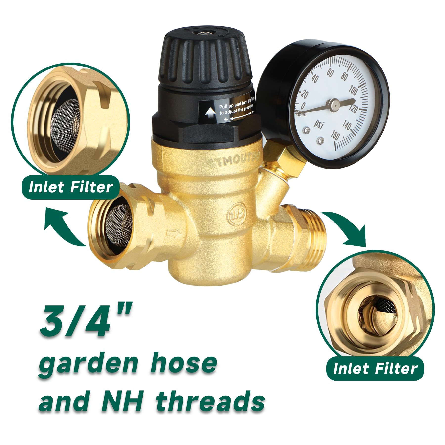 Stmoutuo Rv Water Pressure Regulator For Rv Camper. Brass Lead-Free Adjustable Camper Water Pressure Regulator With 0-160 Psi Ga