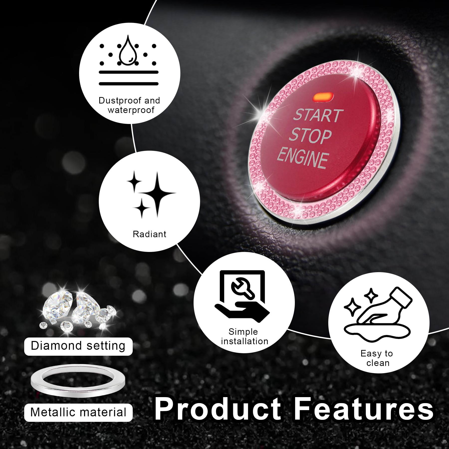 Livtee 2 Pcs Crystal Double Rhinestone Car Engine Start Stop Decoration Ring, Bling Car Interior Accessories For Women, Push To Start Button Cover/Sticker, Key Ignition & Knob Bling Ring, Pink