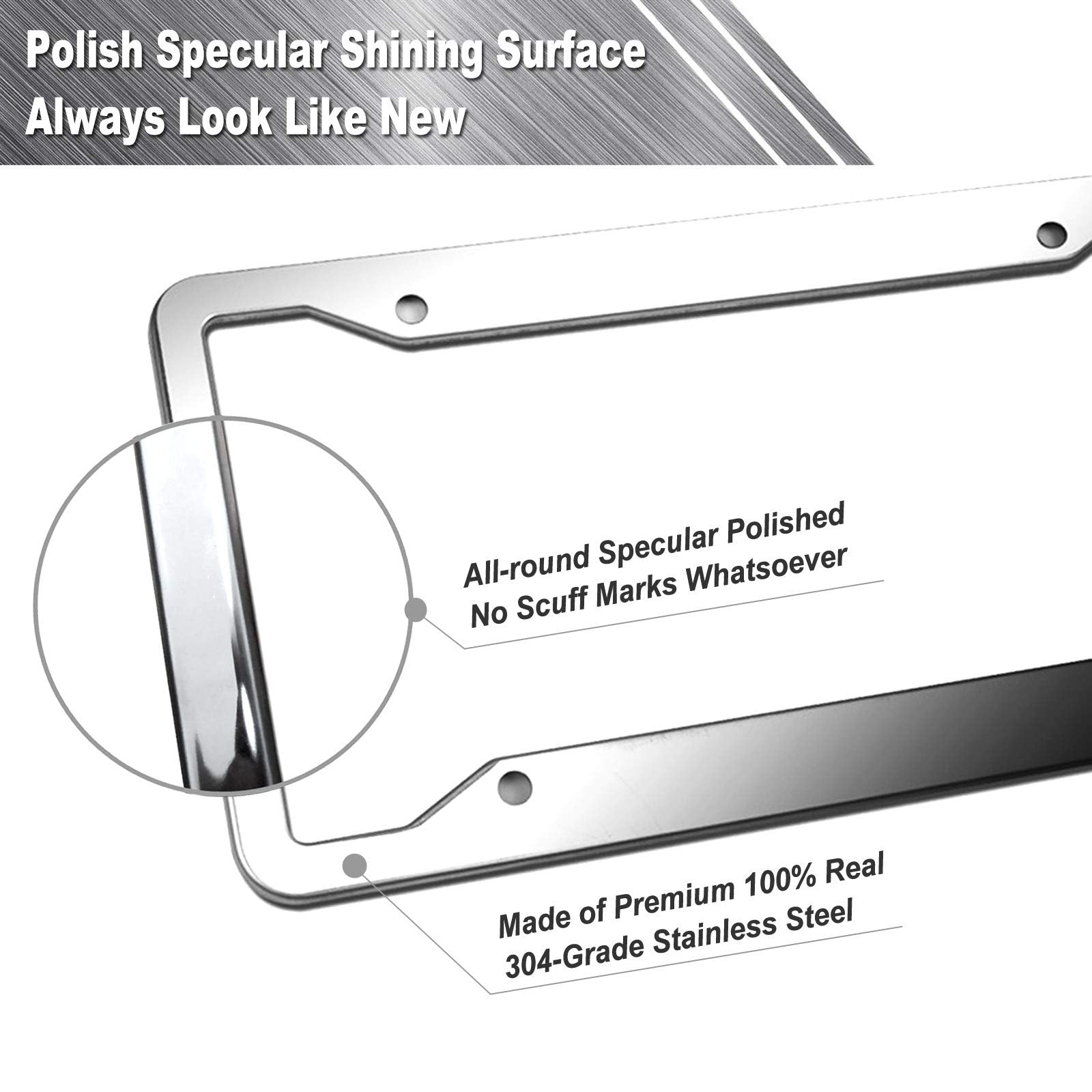 Aootf Stainless Steel License Plate Frames- Heavy Duty Polish Mirror Silver Car Tag Cover With Chrome Screw Caps, 4 Hole 2 Pack