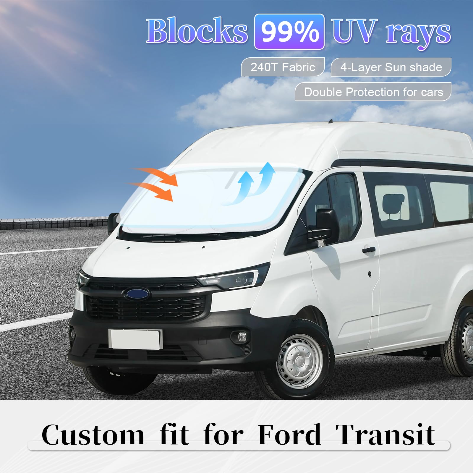 Sun Shade Sunshade For Ford Transit Windshield Cover, 4-Layer Front Window Shade Custom For Transit 2015-2025 Xl,Wagon Xlt Cargo