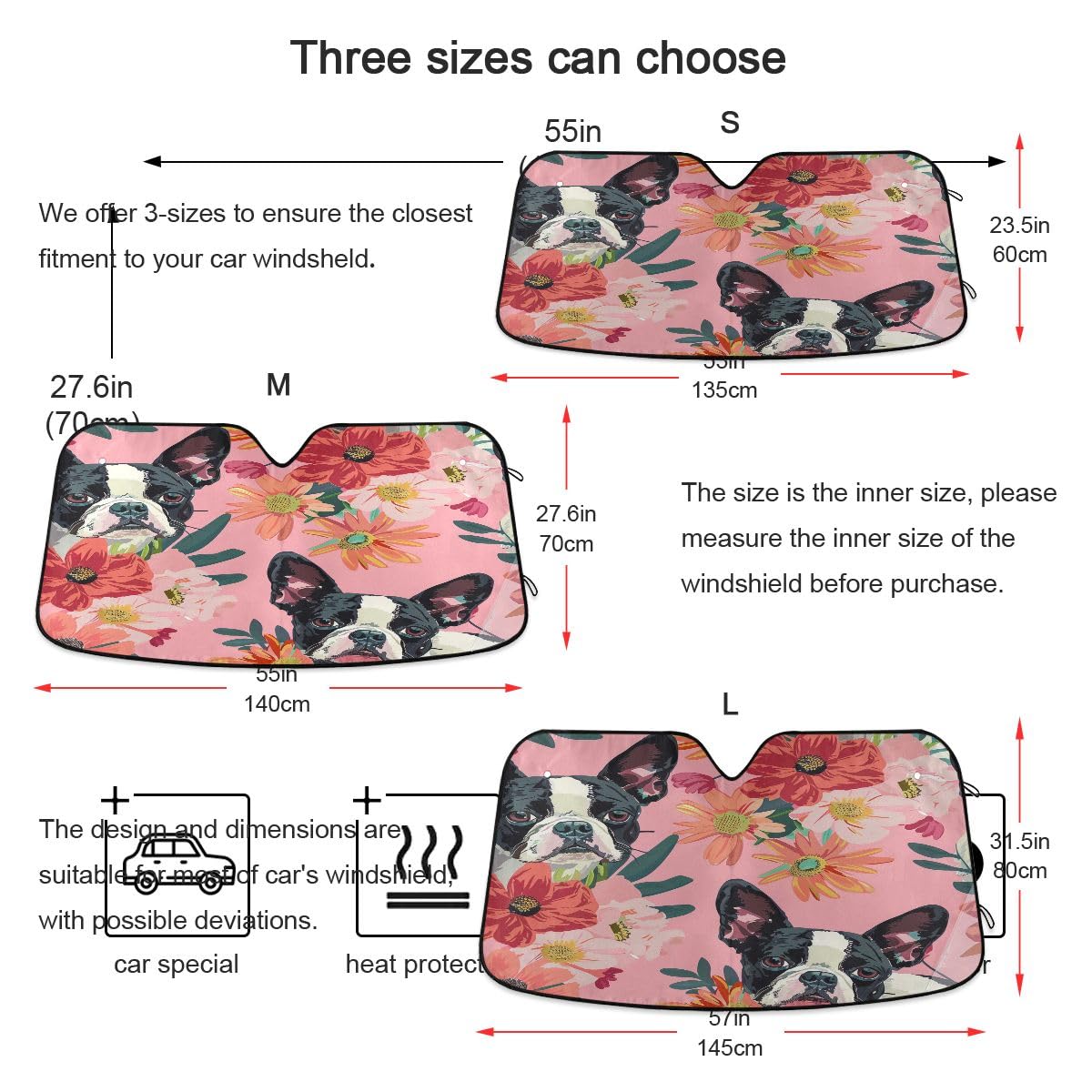 Car Windshield Sunshade Boston Terrier Flowers Pattern, Blocks Sun Visor Protector Foldable Sun Shield Keep Your Vehicle Cool, F