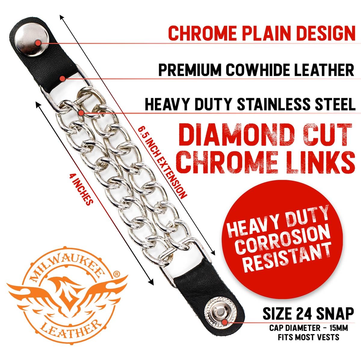 Milwaukee Leather Silver/Chrome Medallion Vest Extender - Double Chrome Chains Genuine Leather 6.5 Extension 4-PCS MLA6015SET