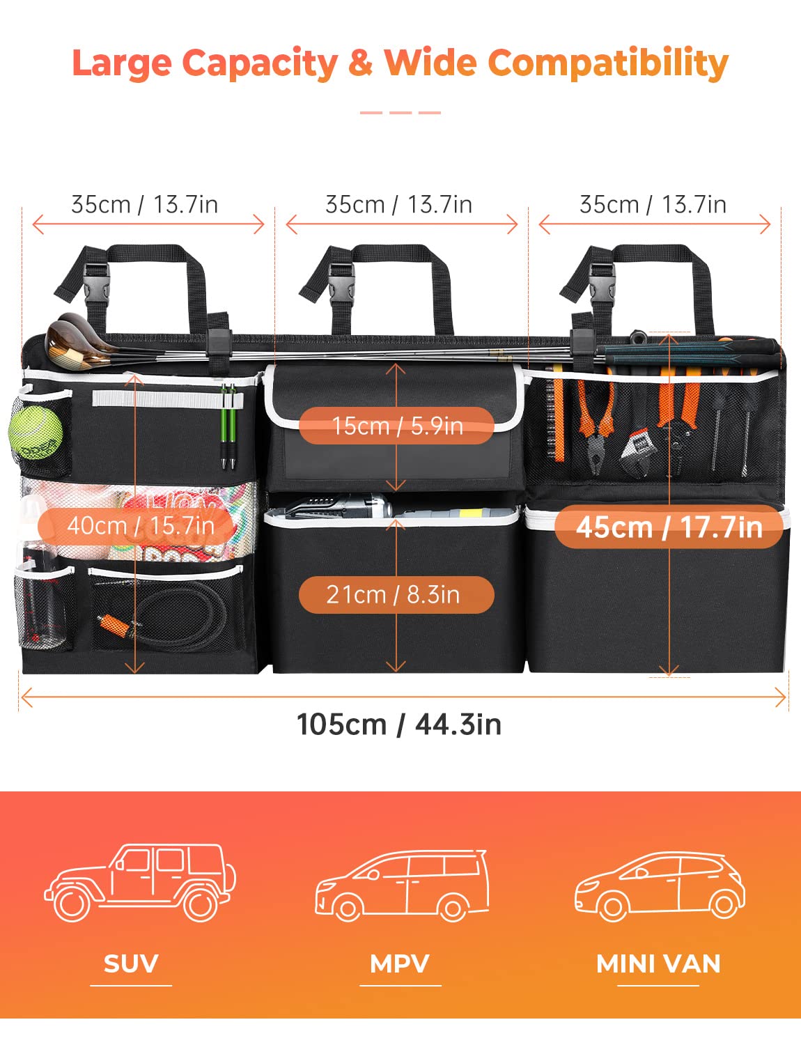 Oasser Large Black Car Storage Organizer - Hanging Trunk Organizer with 10 Functional Storage Bags for SUV, Truck, MPV, VAN