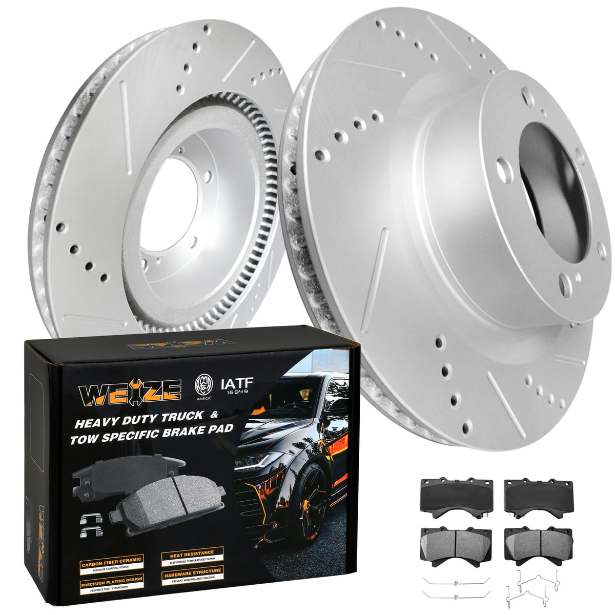 Weize Front Truck Tow Brake Kit, Carbon Fiber Ceramic Brake Pads + Drilled Slotted Brake Rotors, Fit For Toyota Tundra 2007-2021