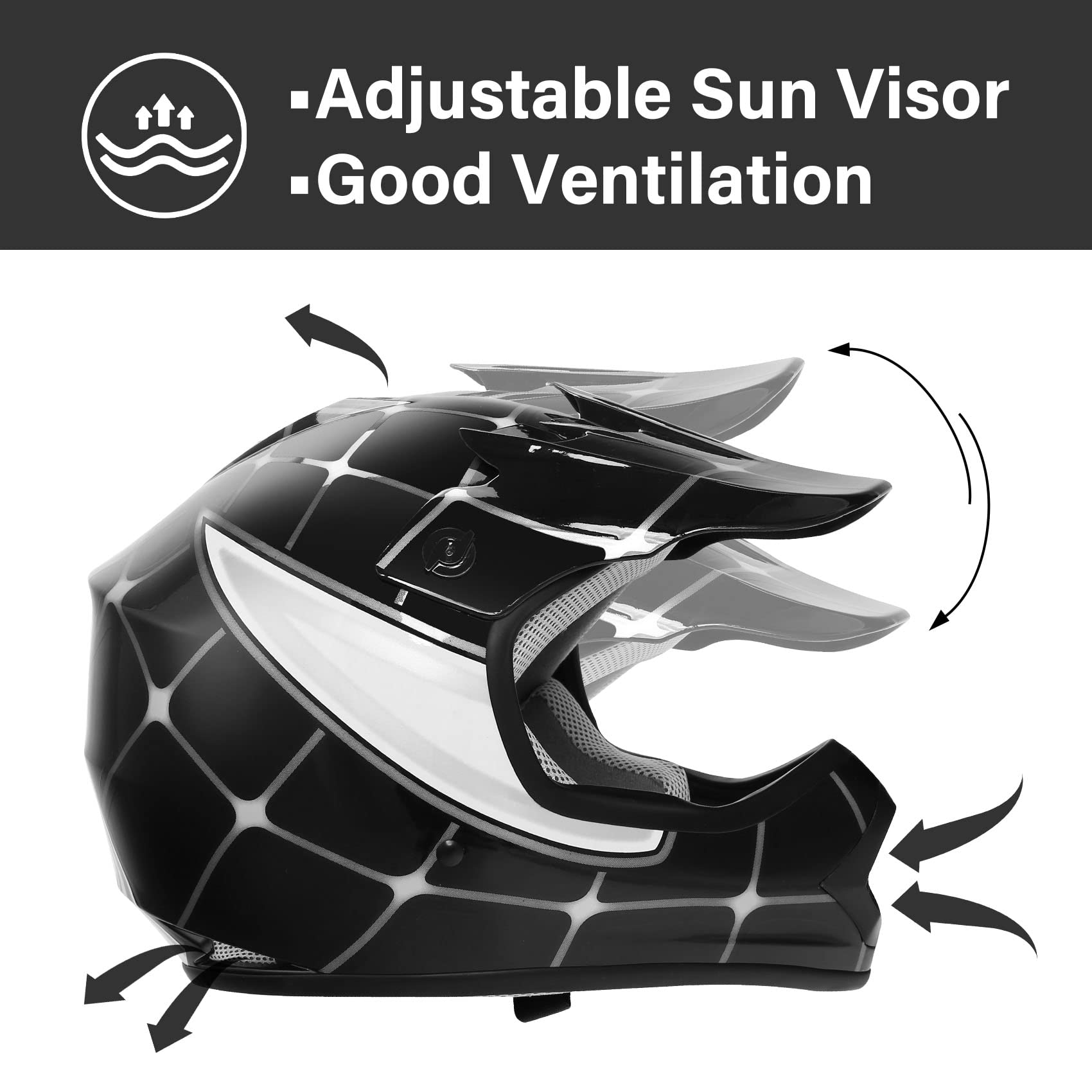 Xfmt Dot Youth Kids Motocross Offroad Street Dirt Bike Helmet Goggles Gloves Atv Mx Helmet  (Black Spiders, Large)