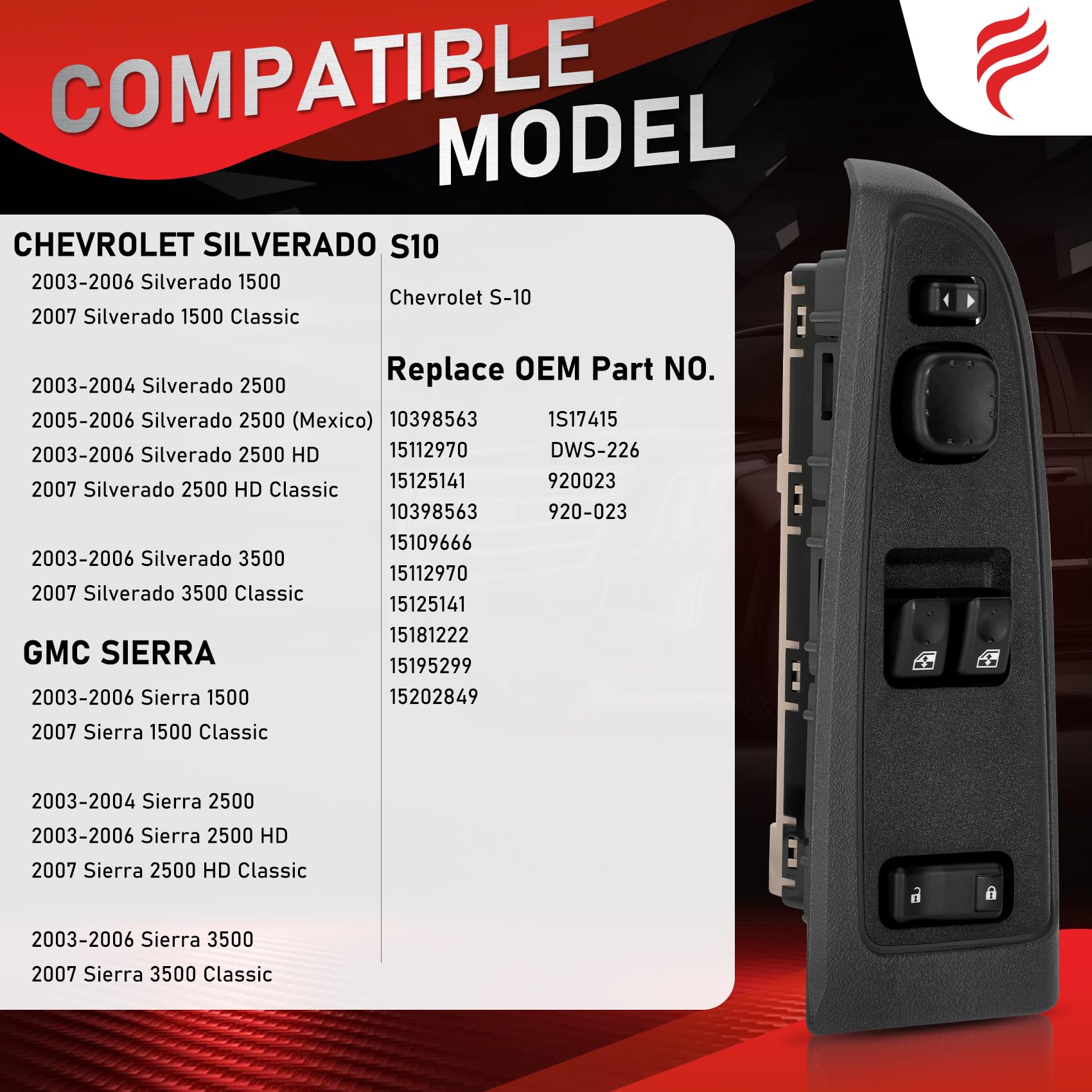 15883318 Master Power Window Switch&Bezel for 2003-2007 Chevy Silverado 1500 2500 3500, 2003-2007 GMC Sierra 1500 2500 3500 Repl