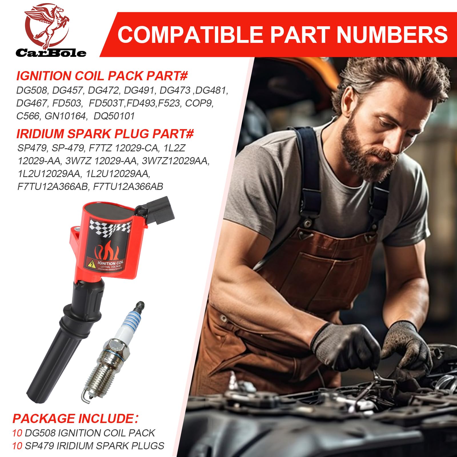 Carbole Ignition Coils Pack Dg508 & Iridium Spark Plug Sp479, Compatible With Ford E350 E450 Econoline Super Duty F350 F450, Rep