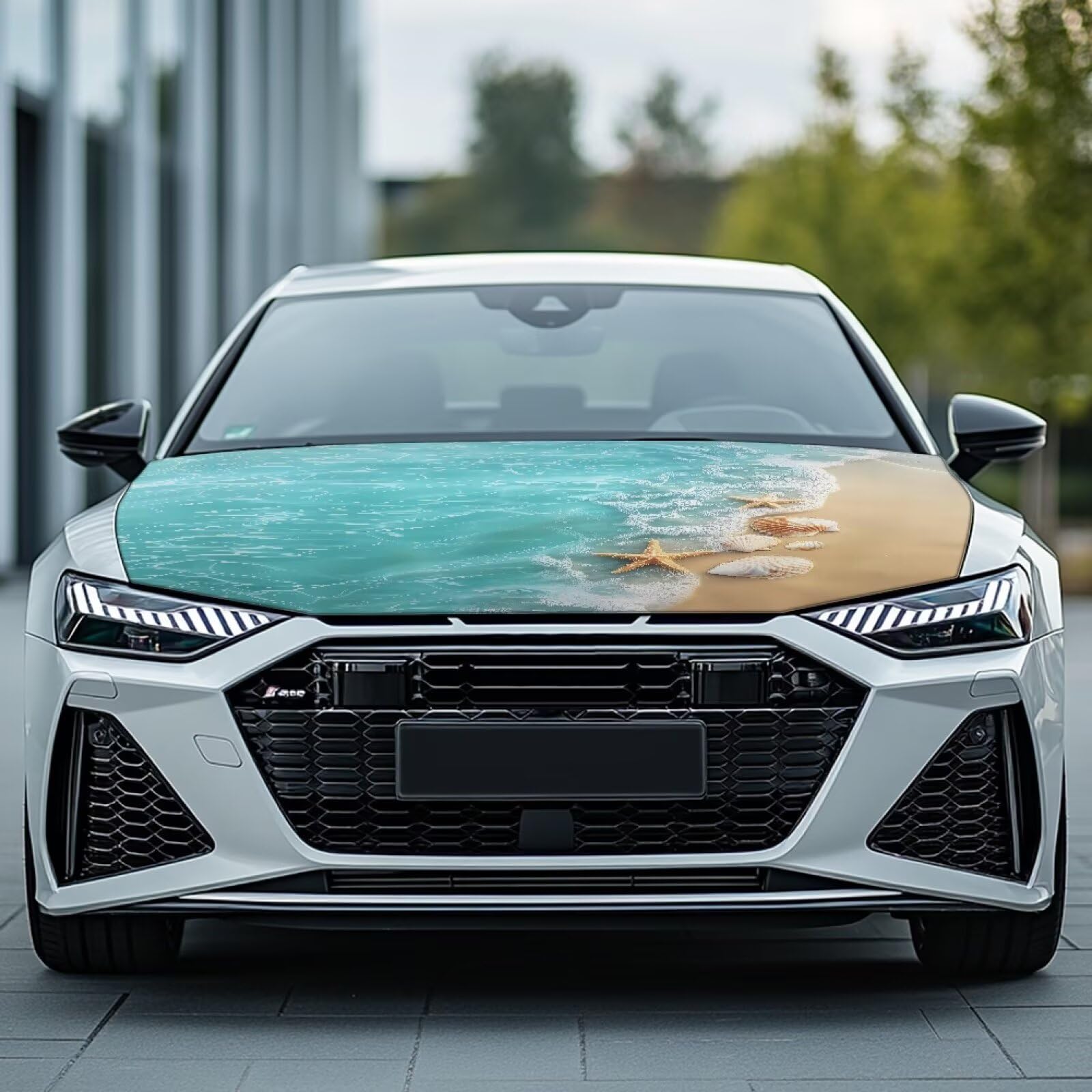 Qiyupavto Beach Starfish Shells Hood Cover for Car SUV Sedan Truck, Waterproof Elastic Polyester Car Hood Protector, Automotive