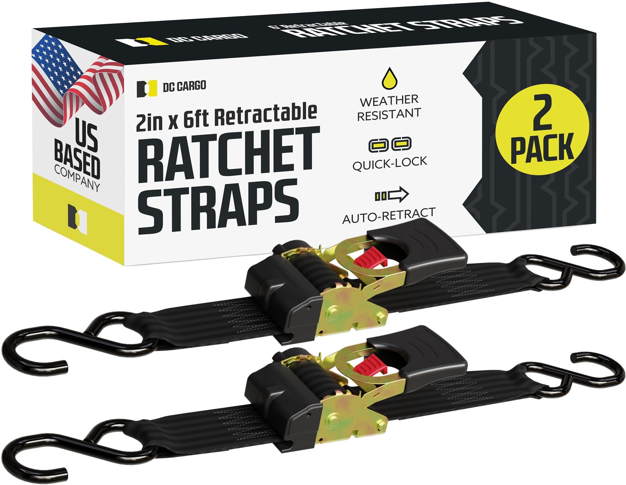 DC Cargo Mall Retractable Ratchet Strap, 2 Pack (2 inch x 6 feet) - Heavy Duty Tie Down Auto Retractable Ratchet Straps - Easy S