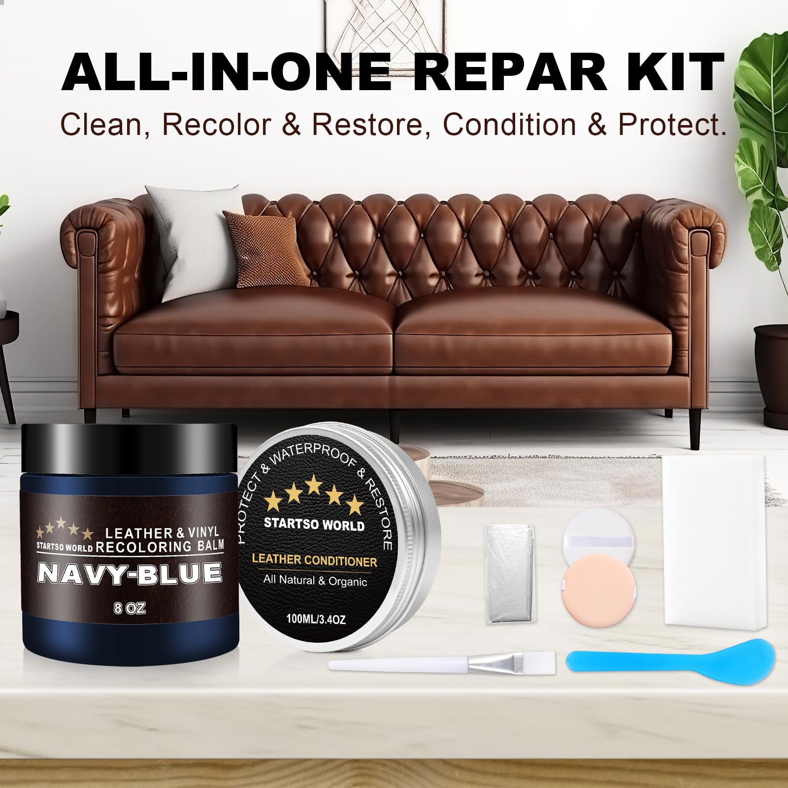 Startso World 200Ml Leather Recoloring Balm With 100Ml Leather Conditioner, Navy Blue Leather Repair Kit For Furniture, Leather