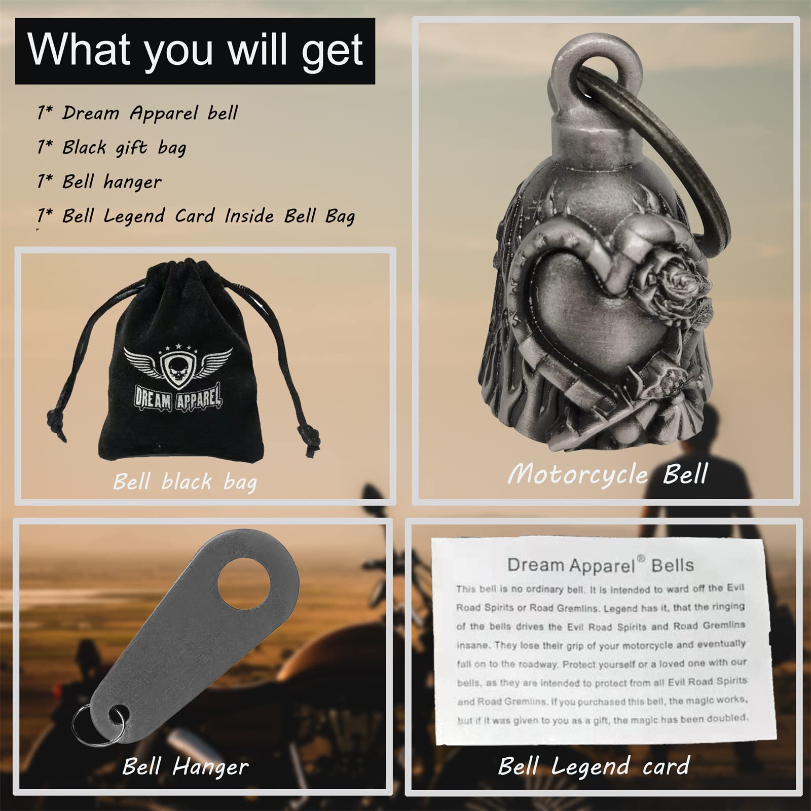 Dream Apparel Motorcycle ride bell for bikers,heavy spirit bells accessory and key chain for luck (DBL12-L Heart with rose)