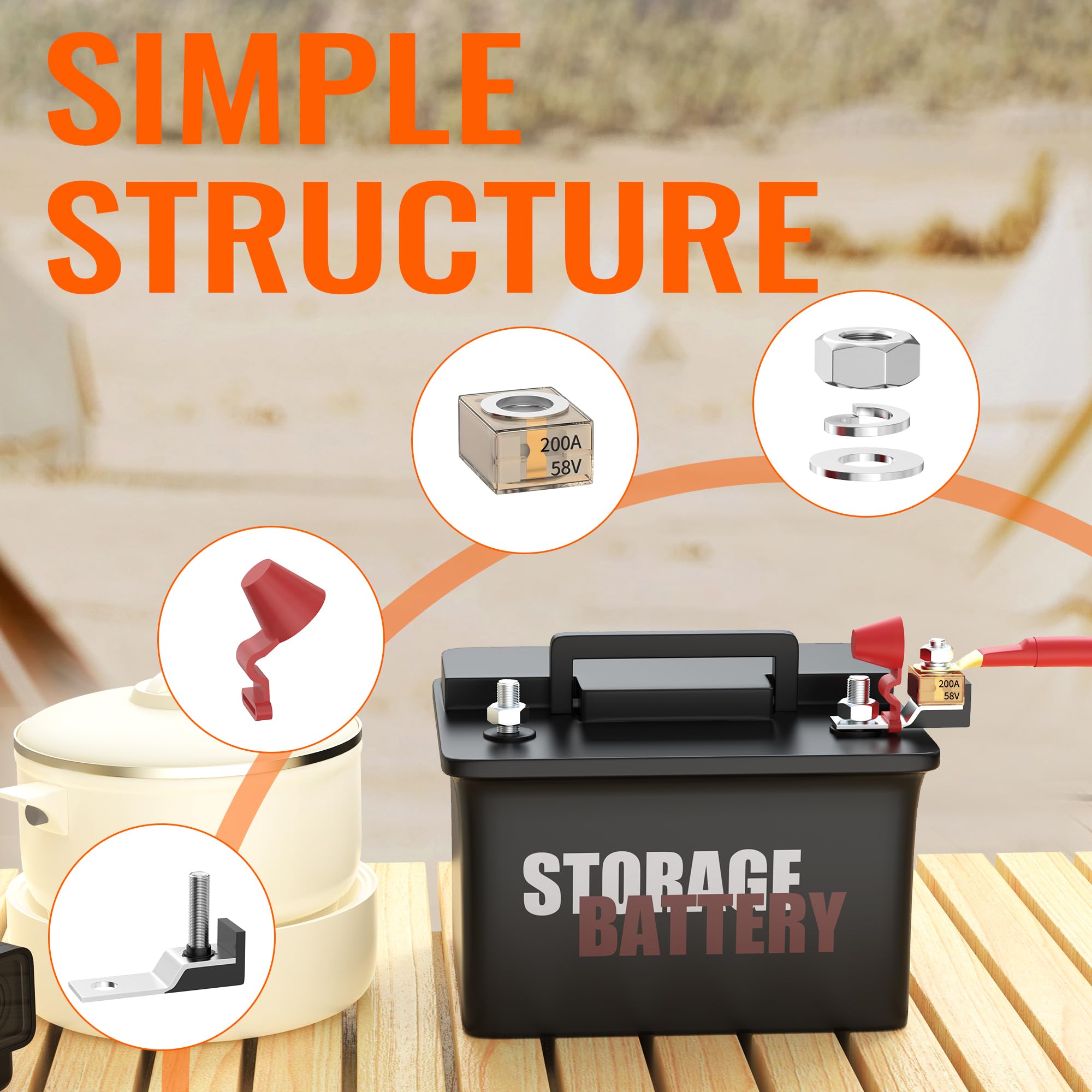 Joinfworld Battery Terminal Fuse Block Kit 200A 58V Mrbf Terminal Fuse Block With Single Stud 5/16''(M8) Marine Rated Battery Fu