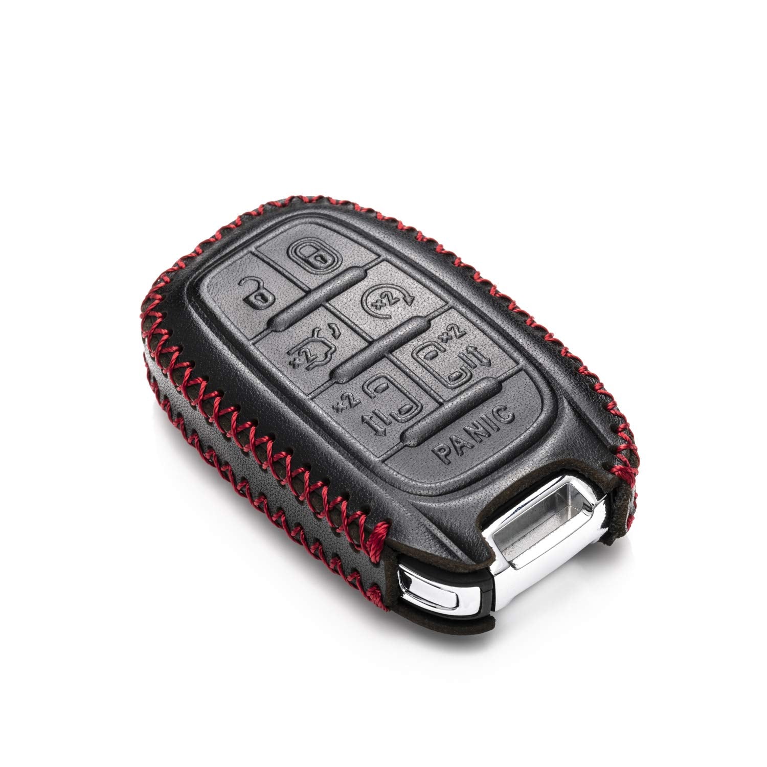 Vitodeco Genuine Leather Smart Key Fob Case Cover Protector with Leather Key Clap Compatible for Chrysler Pacifica 2017 - 2024 (7-Button, Black/Red)