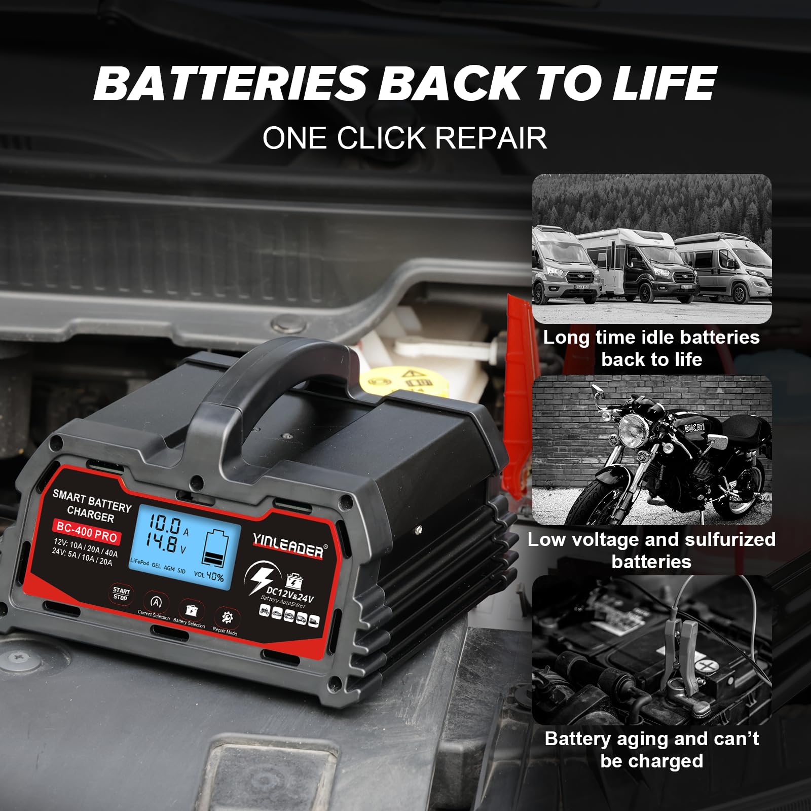 Battery Charger 40A, 12V/24V Lead Acid Smart Battery Charger, 12V LiFePO4 Car Battery Trickle Charger, Automatic Battery Maintai