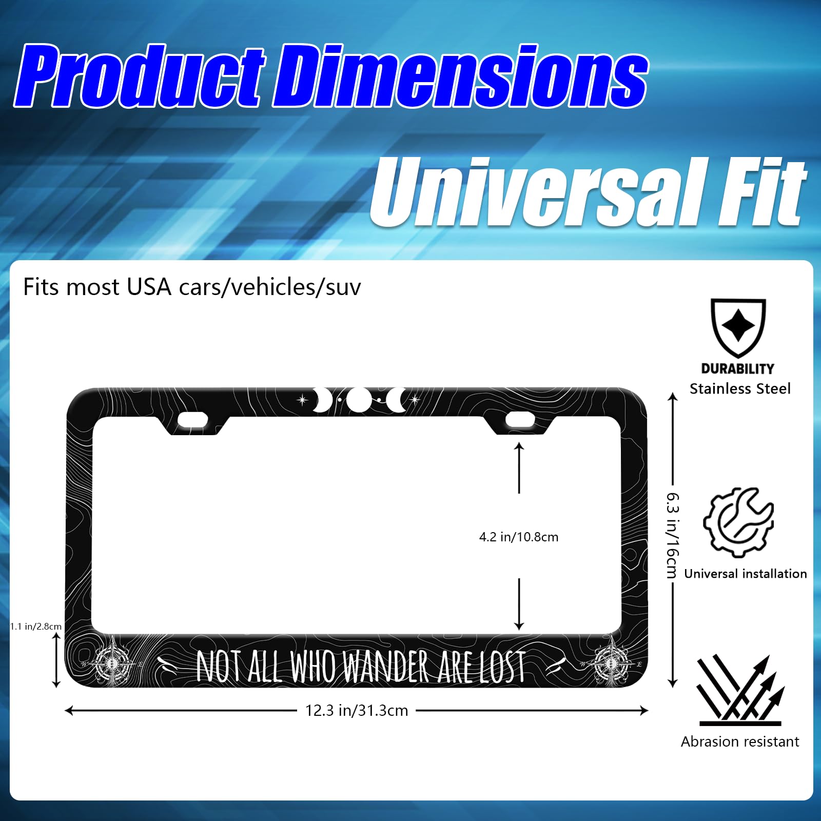 Not All Who Wander are Lost License Plate Frames Moon Phase License Plate Holder for Travel Lover Car Decor Parts Stainless Stee