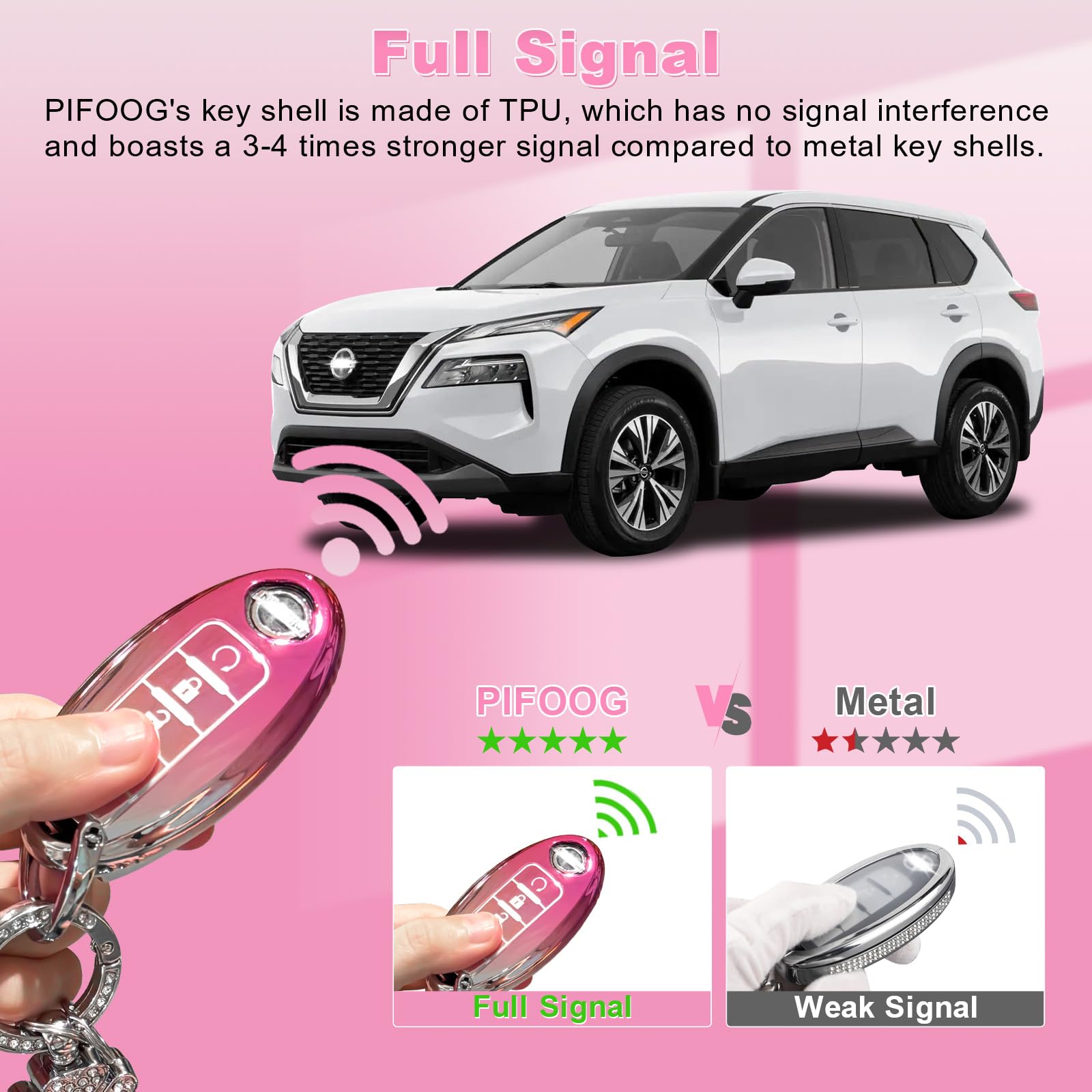 Pifoog Key Fob Cover For Nissan 5 Button Pink Girly Car Keys Case Shell Bling Keychain Full Covers Protector Accessories For Alt