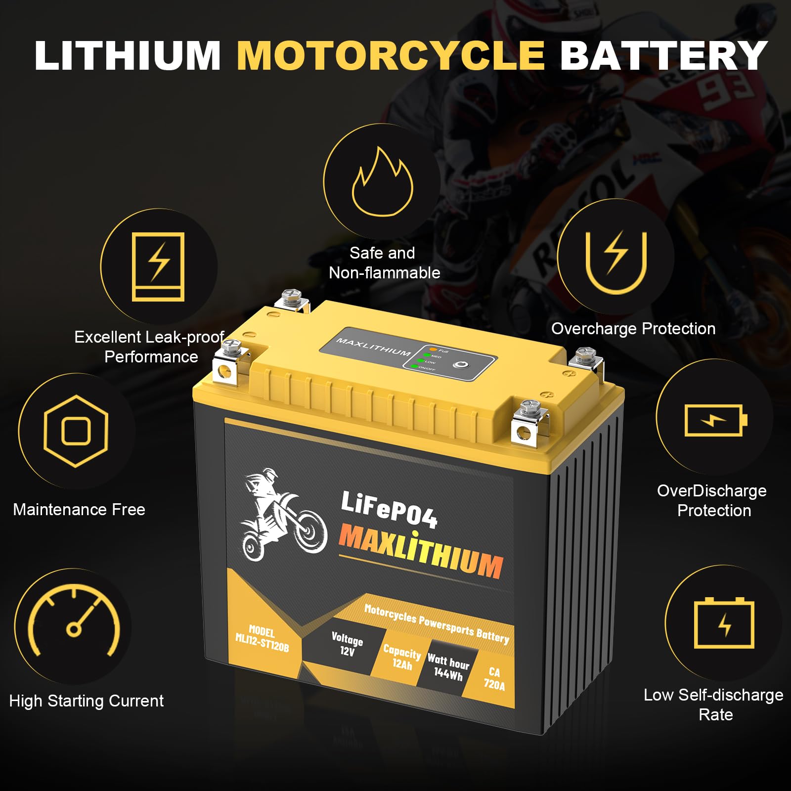 YTX20L-BS/YTX20-BS 12V 12Ah 720A Lithium Powersports Battery with Smart BMS, YTX20H-BS/YTX20HL-BS, Compatible ATV, UTV, Scooter,