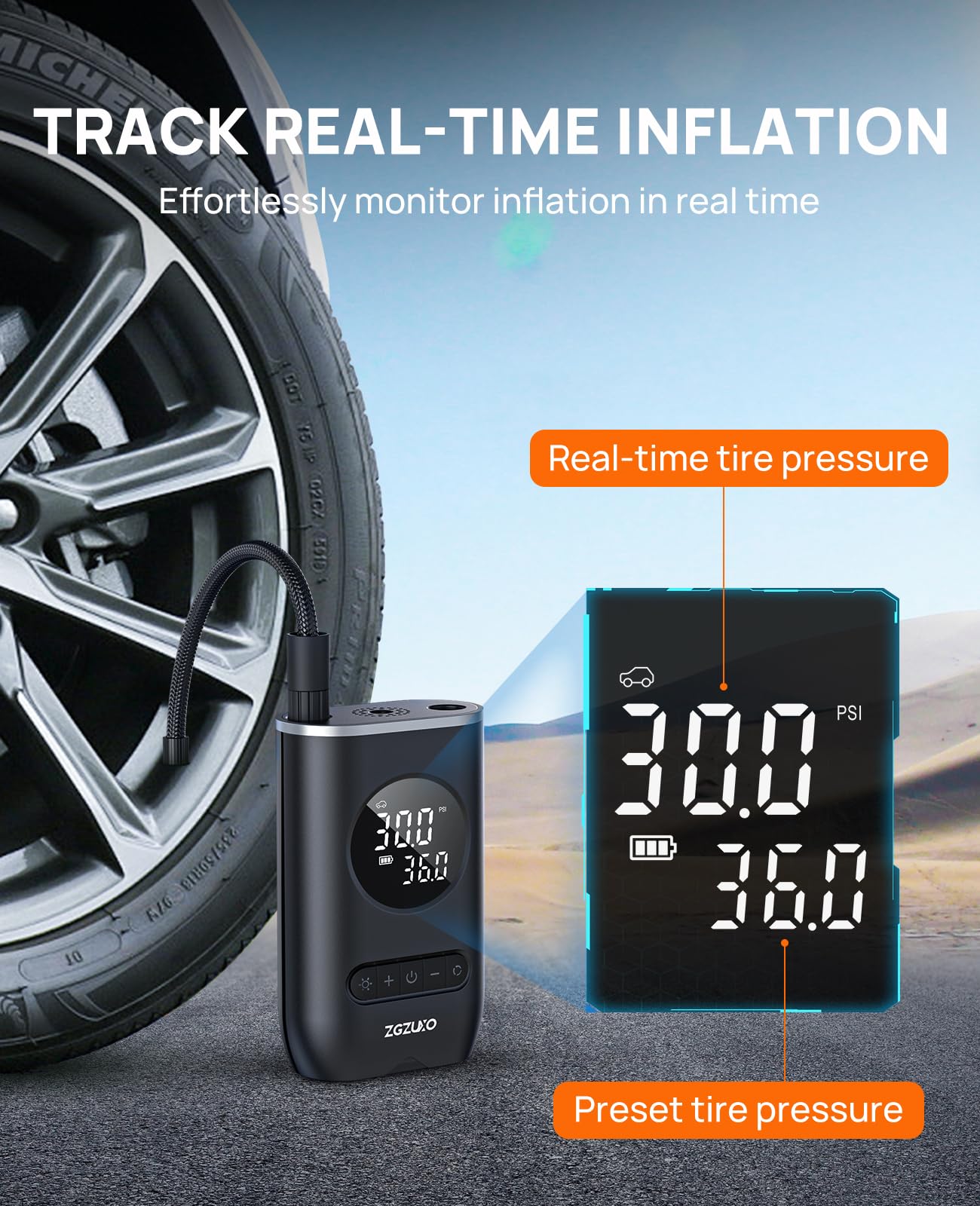 ZGZUXO Tire Inflator Portable Air Compressor 150PSI Cordless Pump for Car, Motorcycle, Bicycle - Black, Small, Model CZK-3668