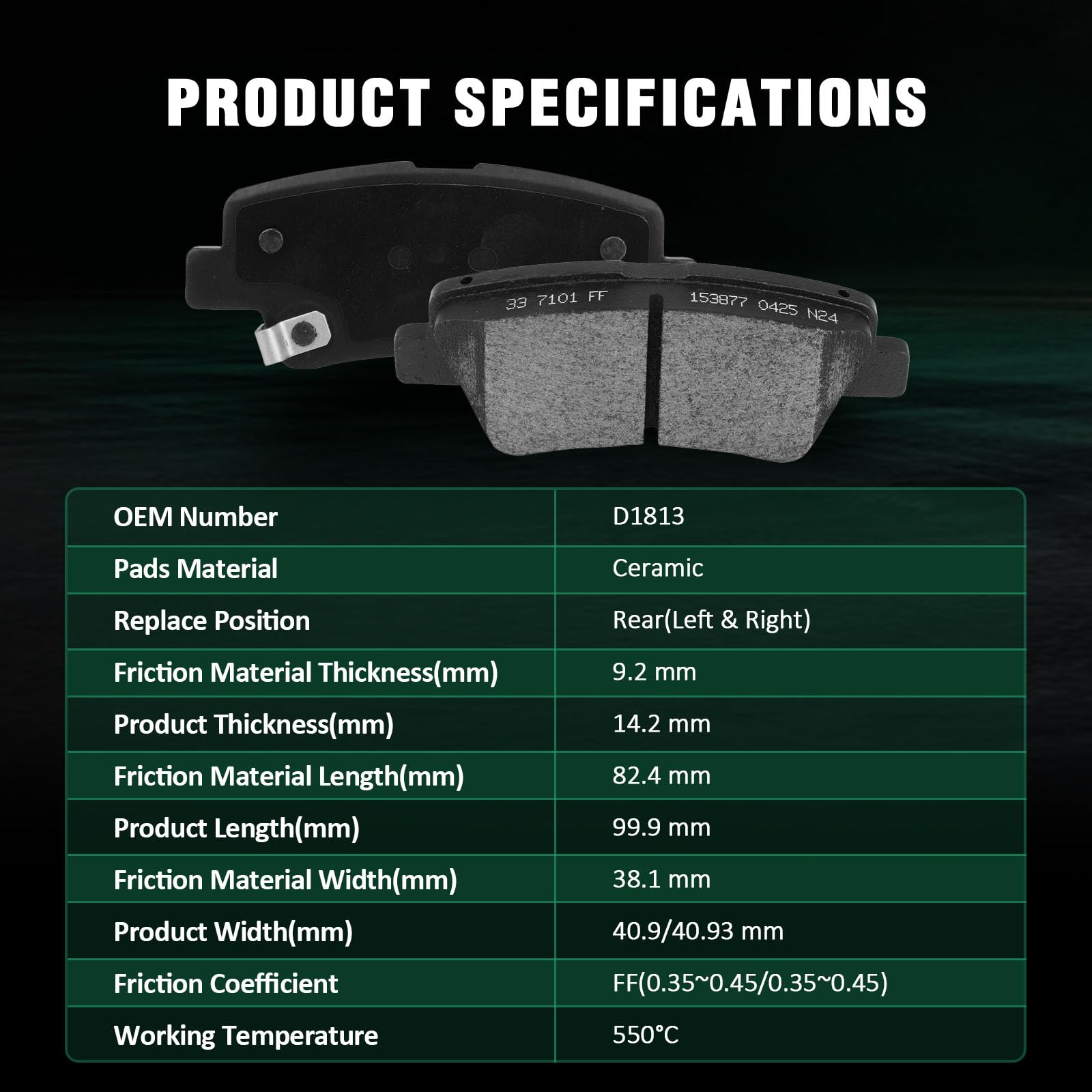 Automuto 4Pcs Rear Ceramic Brake Pads Set D1813 For Hyundai Elantra Gt 17-20/Kona 22-23/Kona Electric 19-22/Sonata 16-19/Veloste