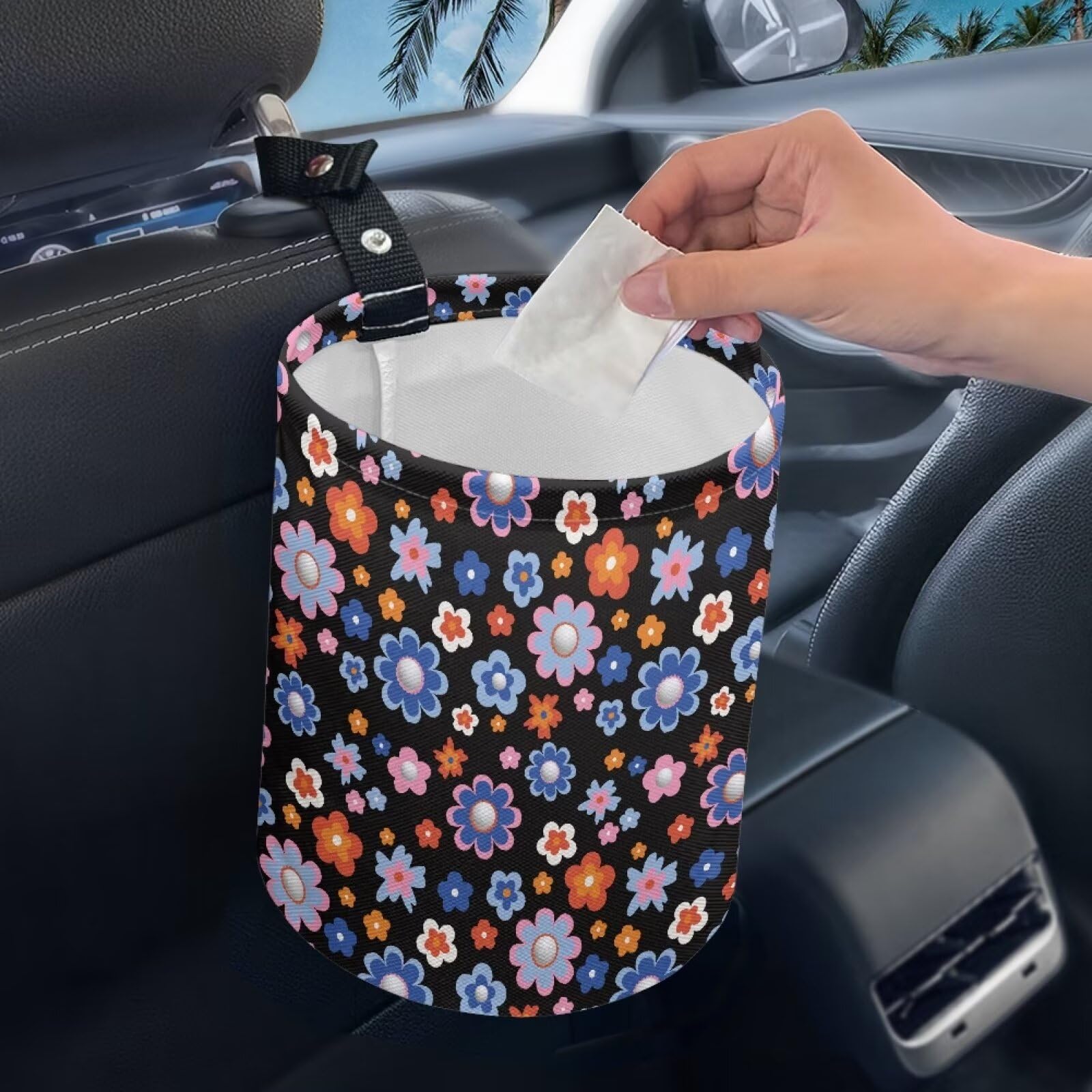 Brosoneto Groovy Hippie Flower Collapsible Trash Can for Cars, Family Gatherings, Camping - Easy to Clean Car Garbage Accessory