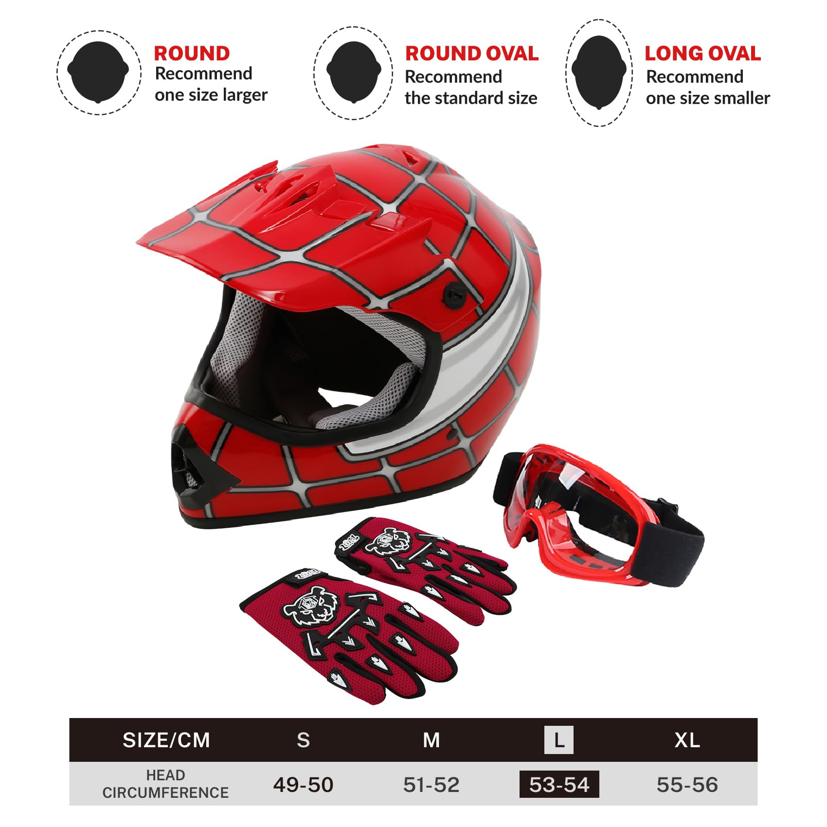 SLMOTO Youth Motocross Helmet Set - Large Red Spider Design with Goggles & Gloves, Durable ABS Material