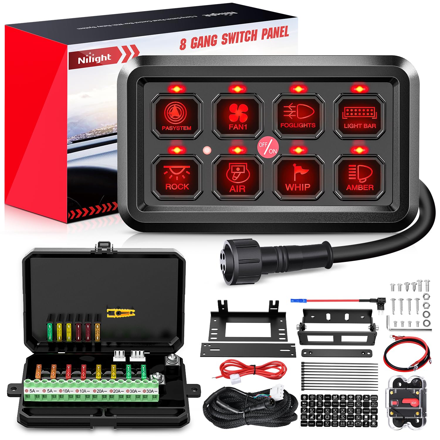 Nilight 8 Gang Switch Panel System Circuit Control Relay Fuse Wiring Harness Automatic Dimmable ON Off LED Pod for 12V Cars Truc