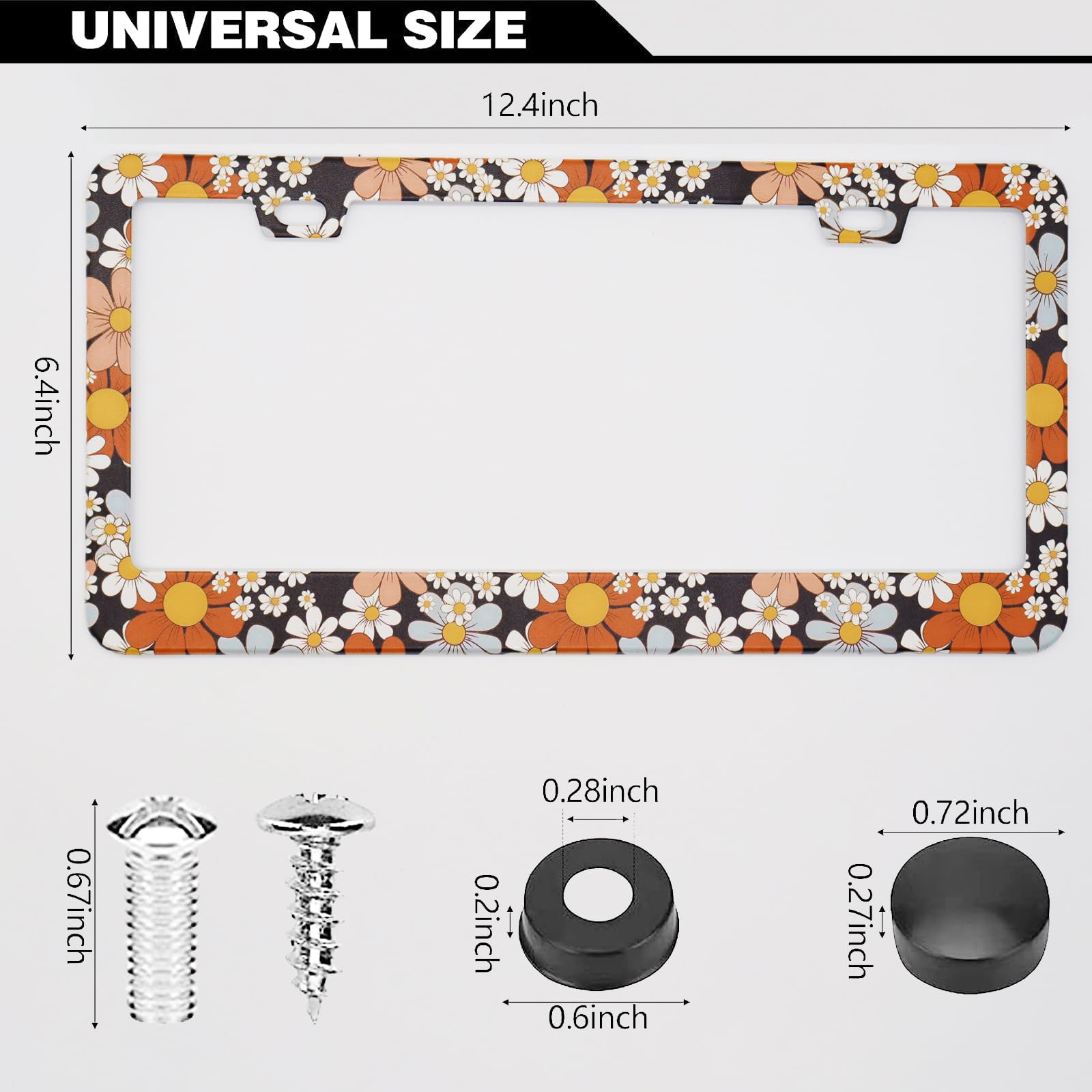 Retro Floral Daisy License Plate Frames Black, 2 Pack Colorful Flowers Car Plate Frame, Stainless Steel License Plate Holders Co