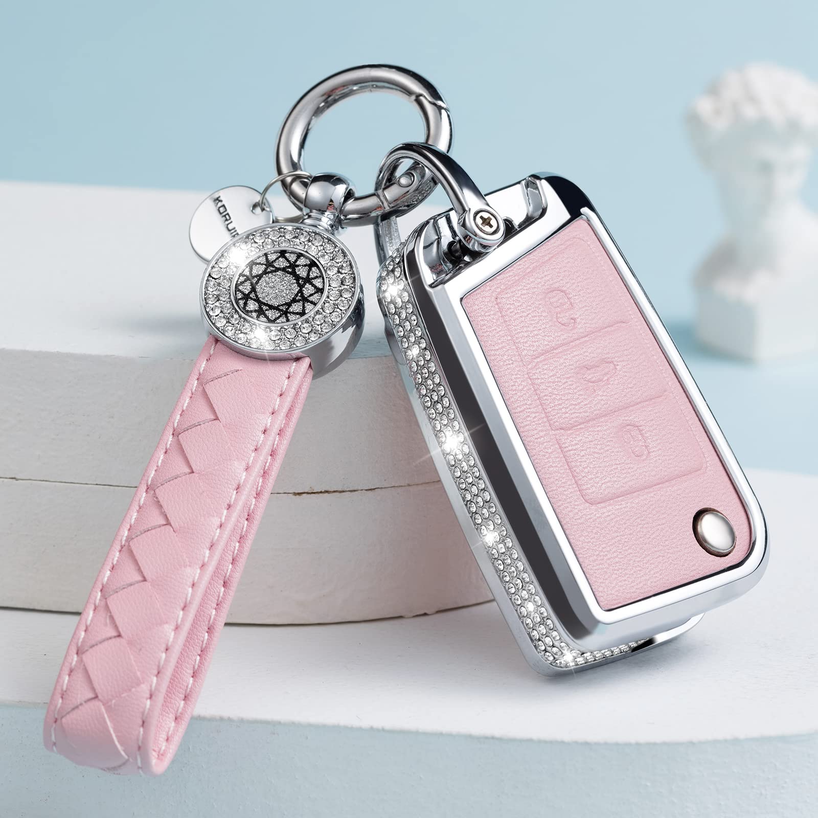 Ruabiban For Vw Volkswagen Key Fob Cover With Keychain, Pink Genuine Leather Crystal Key Case Protection Shell