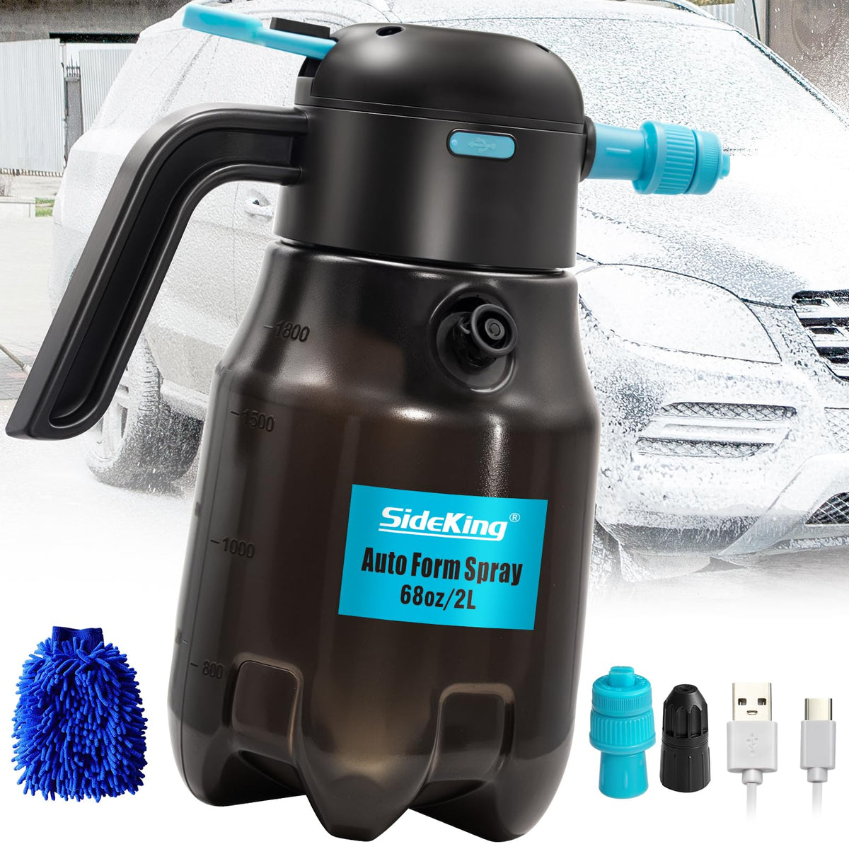 SideKing 0.5Gal/2L Electric Foam Sprayer for Car Wash, 60PSI Powerful With 2 Nozzles, Rechargeable Auto Pressurized Battery Powe