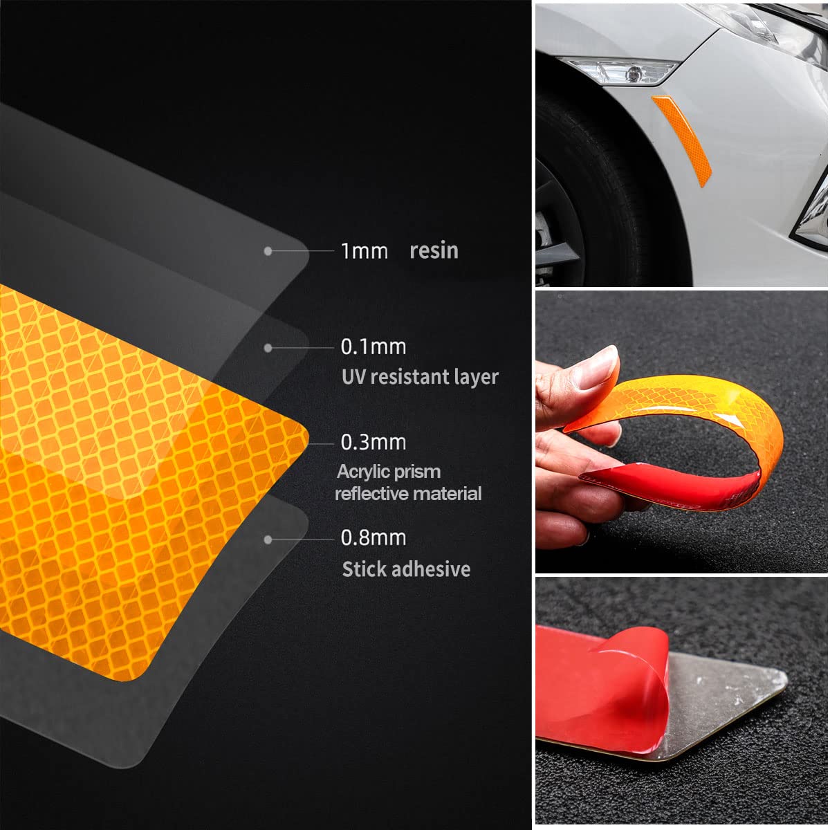 Muekzru 2PCS Car Reflective Trim Stickers, Orange Epoxy Resin Reflector for SUV, Truck Wheel Well & Bumper Protection, Model FGT-BT