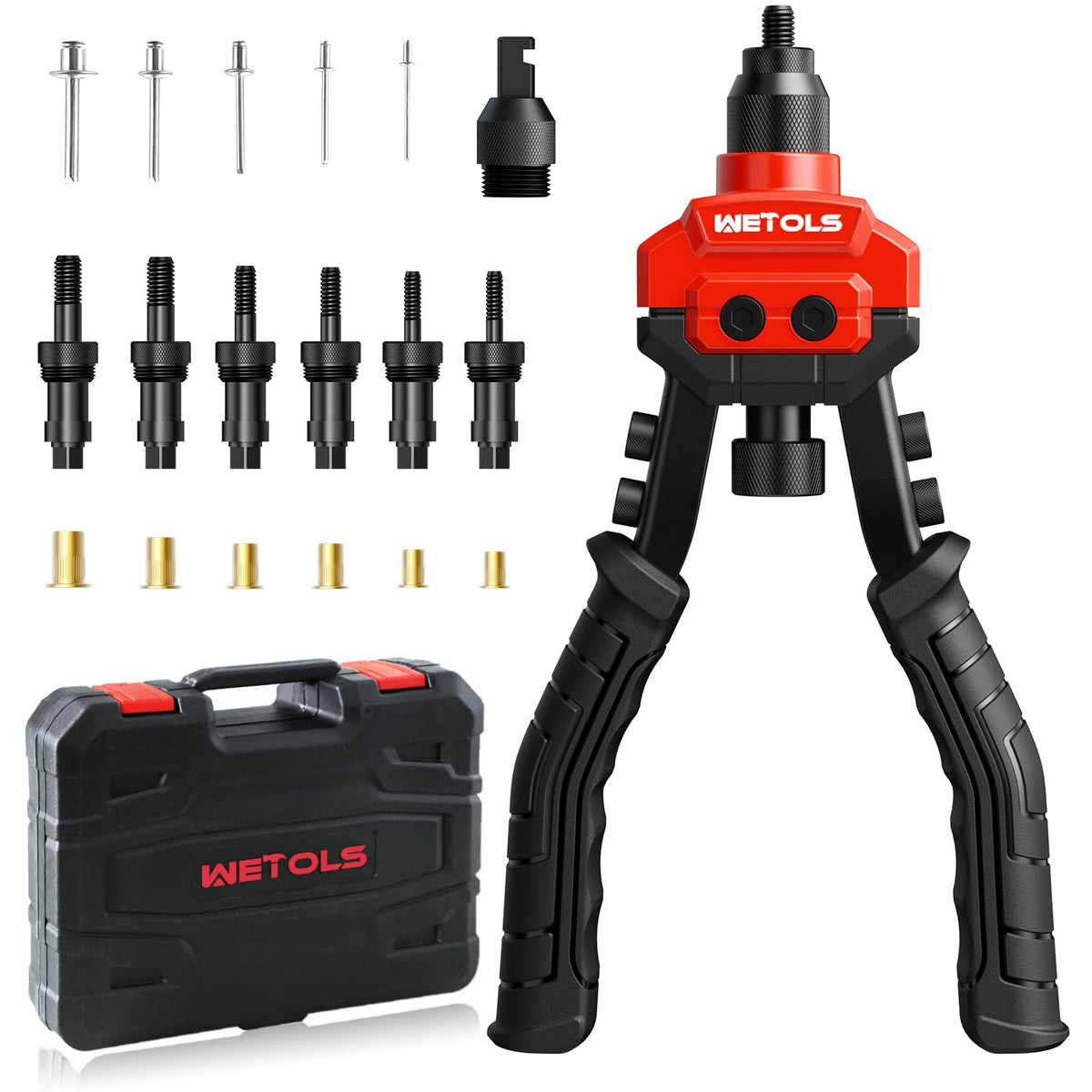 Wetols 3 In 1 Rivet Nut Tool, Rivet Gun, Reamer Set, Professional Rivet Gun Kit With 5 Rivet Heads And 6 Metric & Sae Mandrels, 