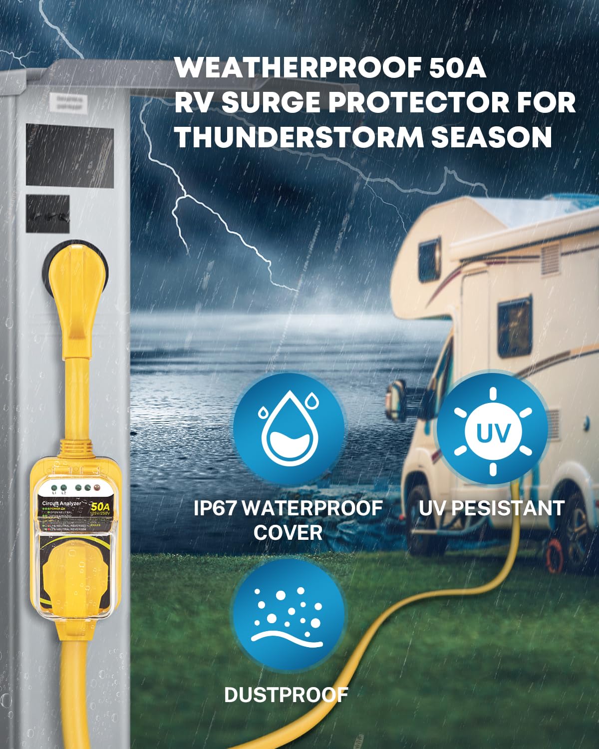 Kohree Rv Surge Protector 50 Amp 12000J With Waterproof Cover, Weather Resistant Surge Protector For Rv Camper, All-In-1 Rv Circ